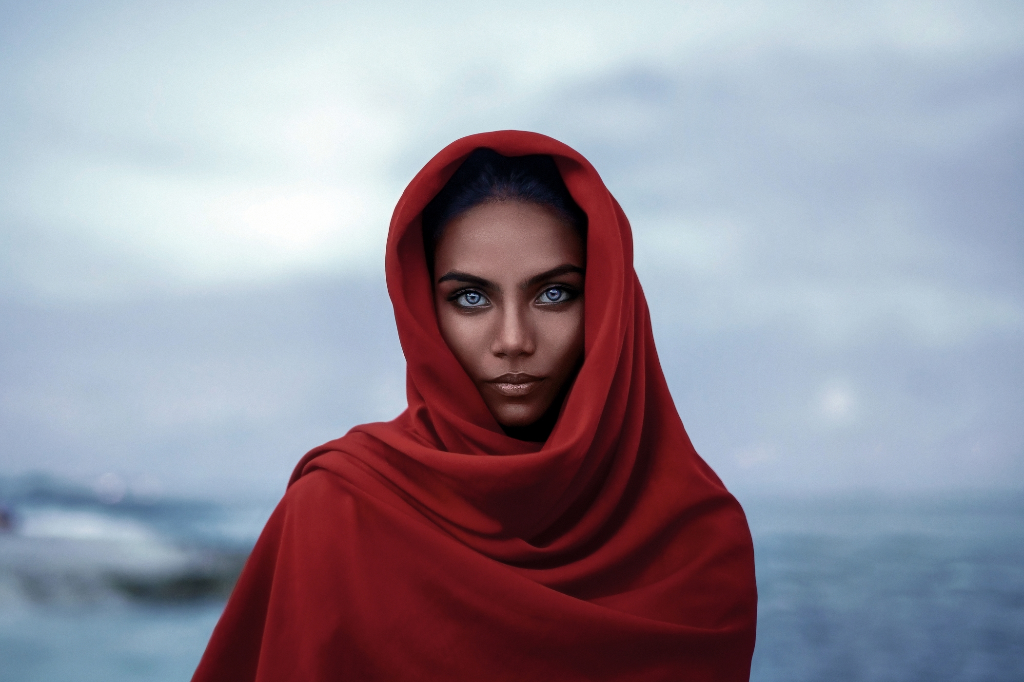 People 2100x1400 women model women outdoors red red clothing blue eyes lipstick dark hair bokeh sea water sky nature looking at viewer clouds overcast