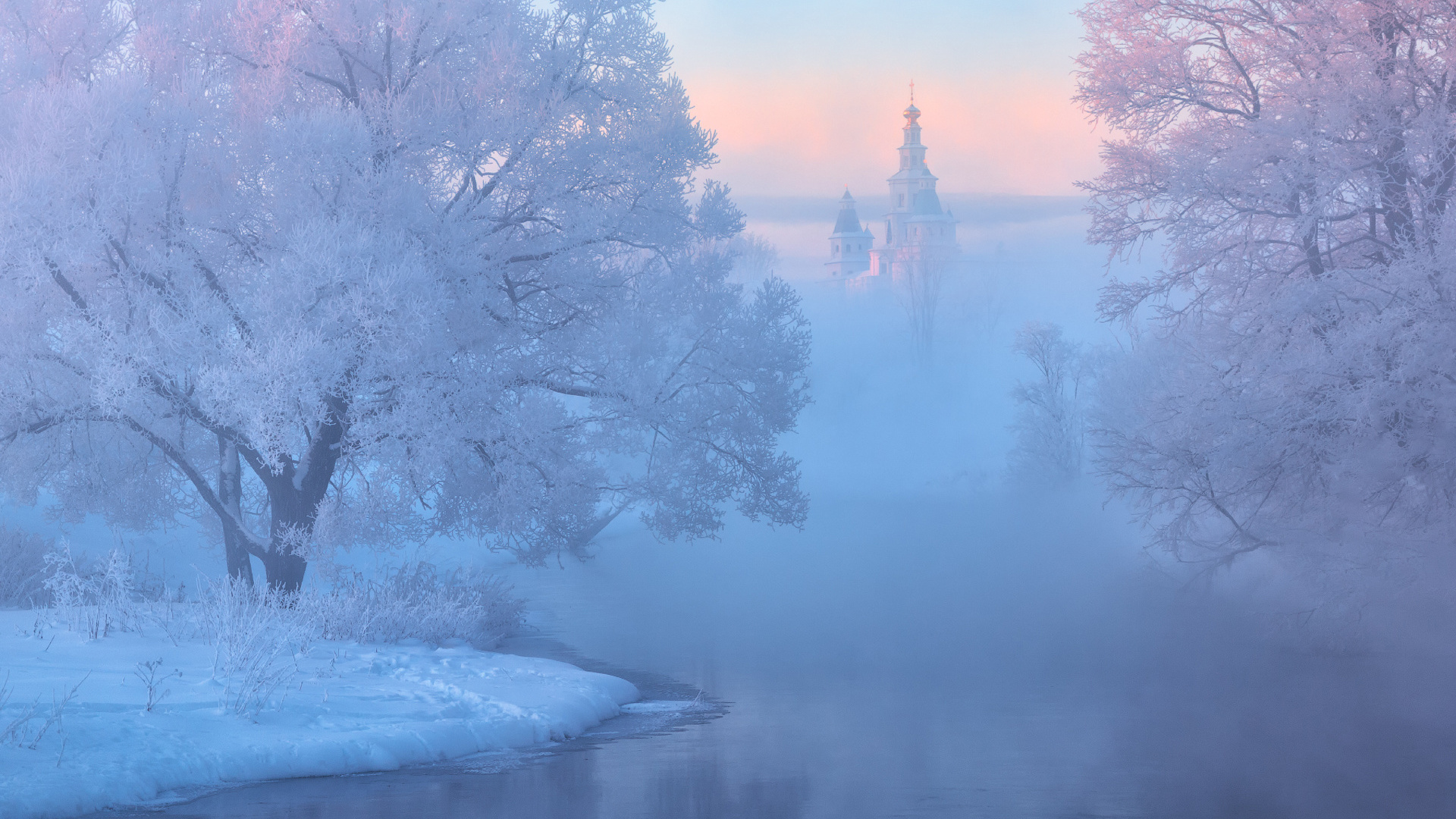 General 1920x1080 nature landscape winter snow trees river morning mist castle sunset cold frost ice