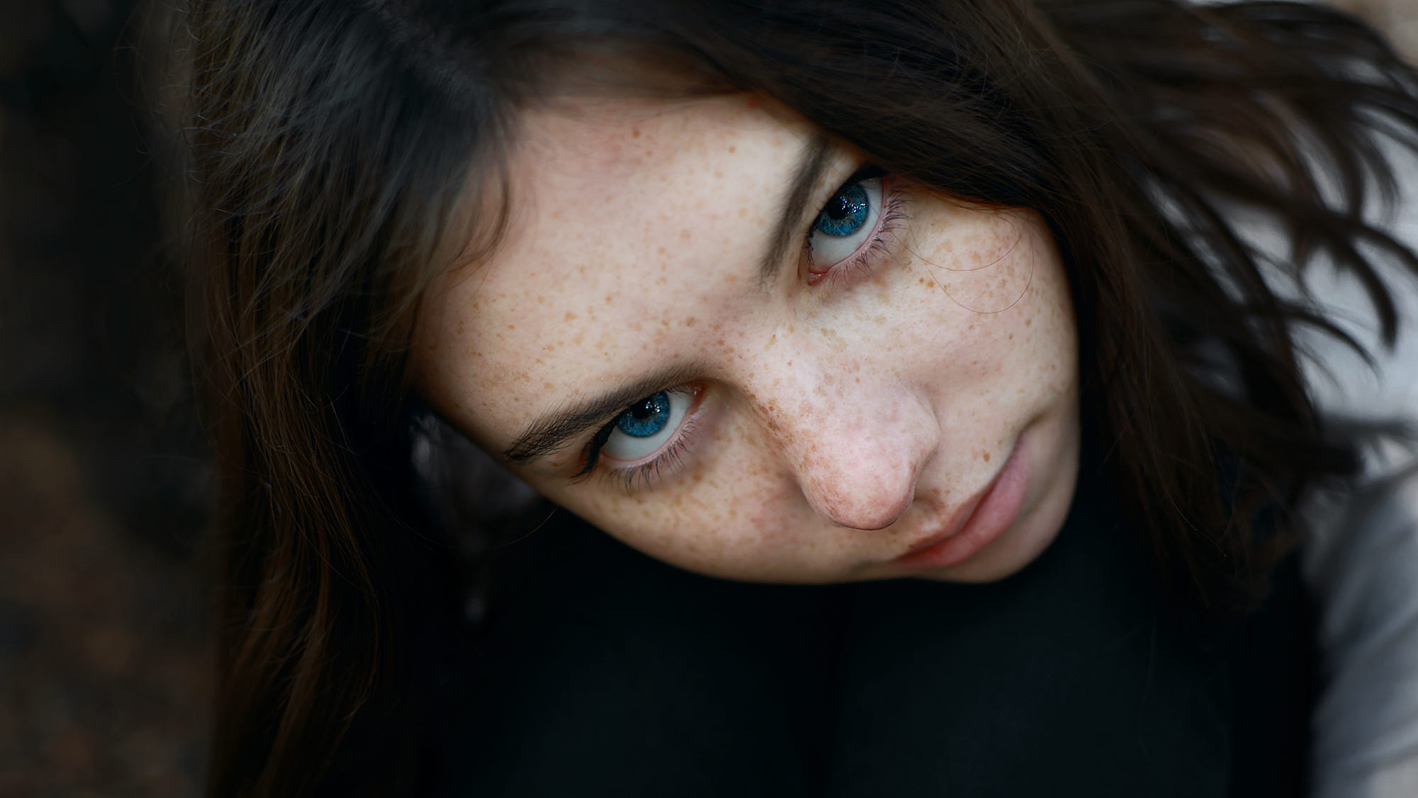 People 2000x1125 Russian women model Russian model women face blue eyes freckles closeup looking at viewer depth of field