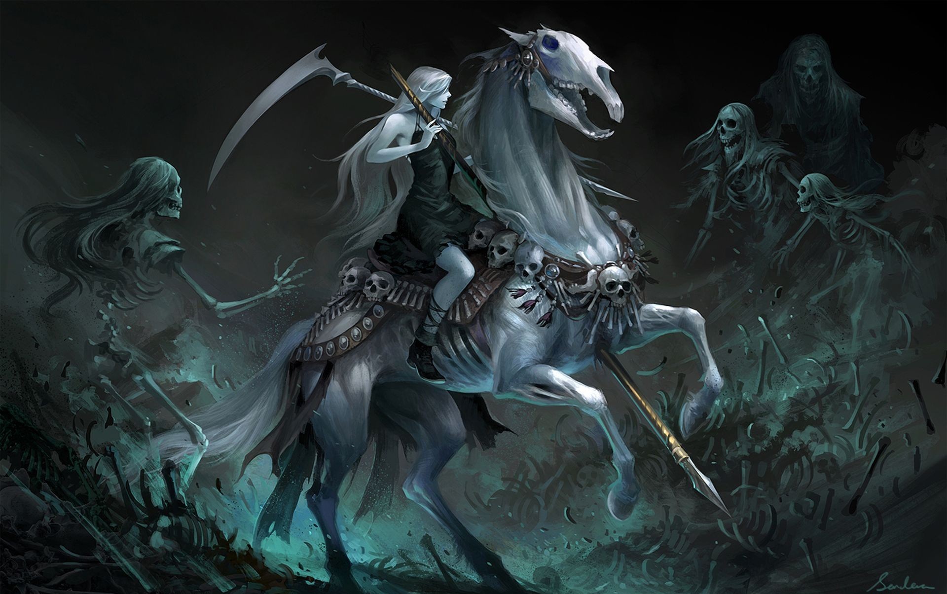 General 1920x1204 artwork fantasy art fantasy girl skull skeleton horse riding horse