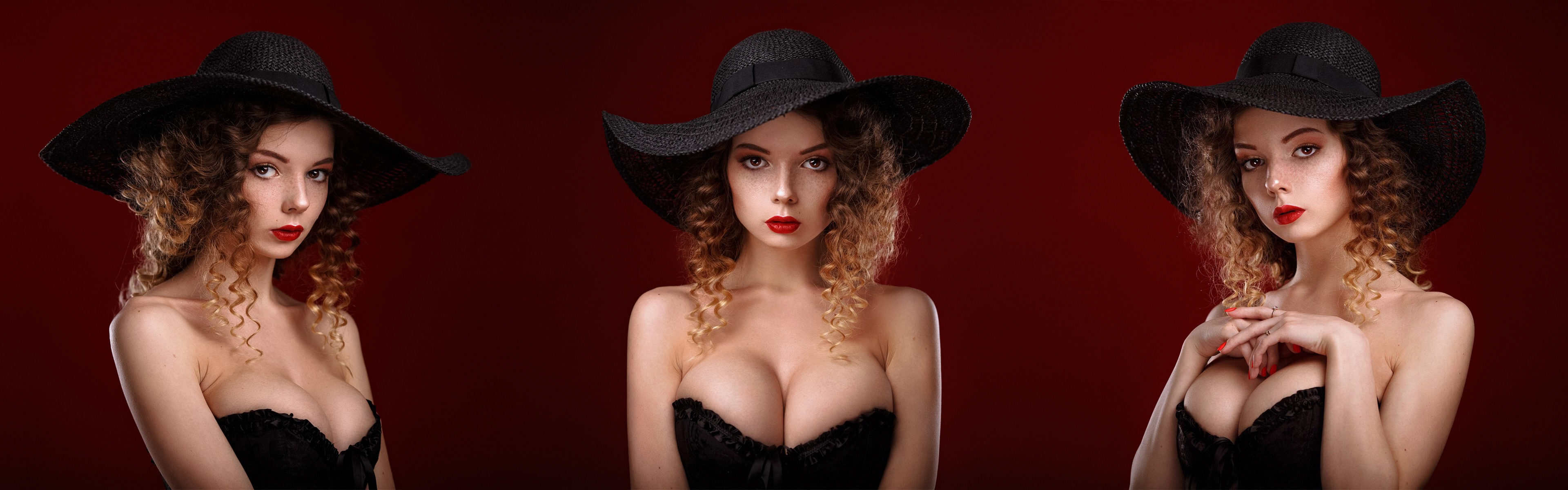 People 3840x1200 women Venera Gudkova blonde cleavage corset Alexandr Chuprina collage curly hair simple background hat