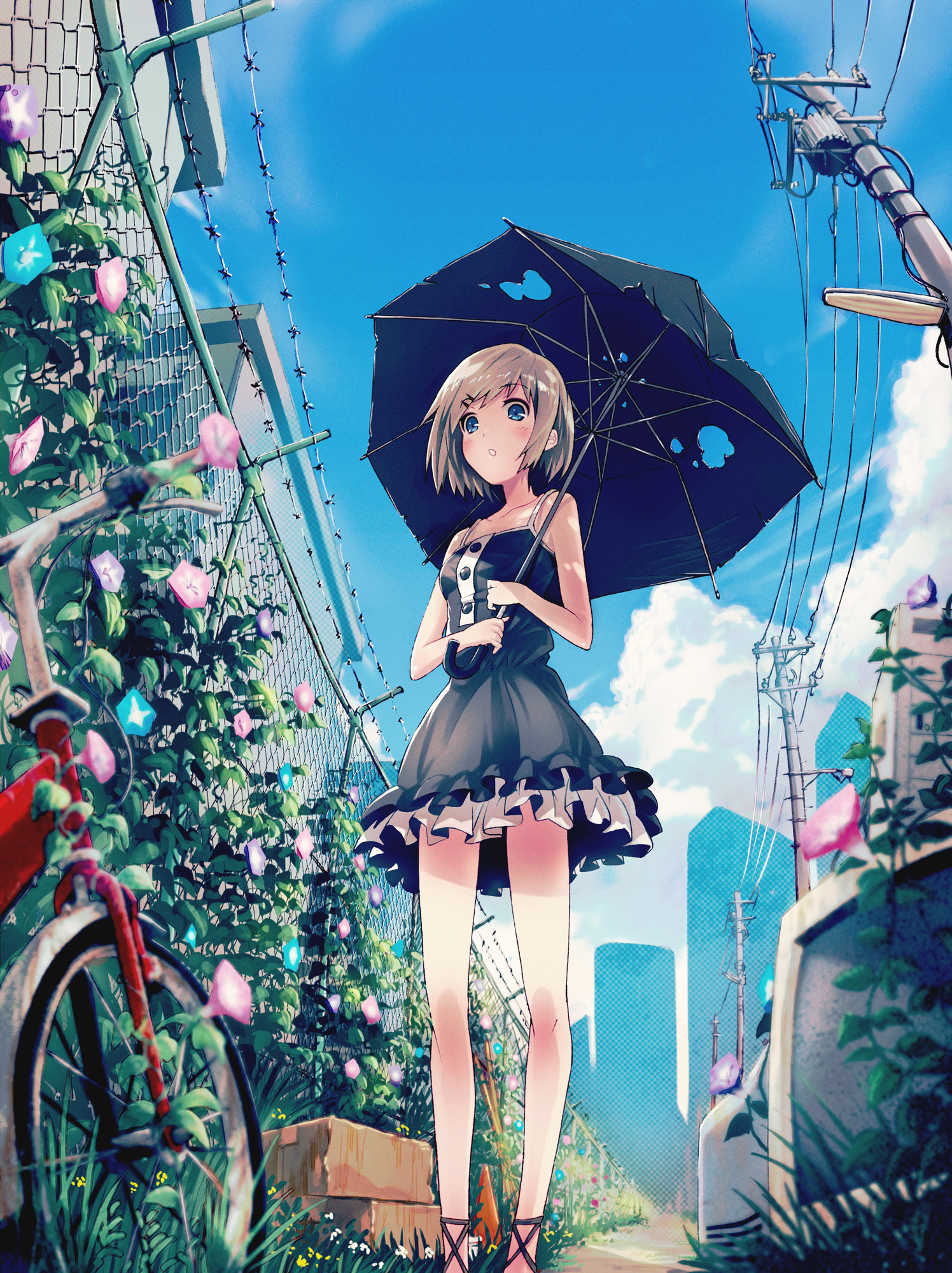 Anime 1496x2000 anime anime girls umbrella dress legs bicycle sky urban flowers
