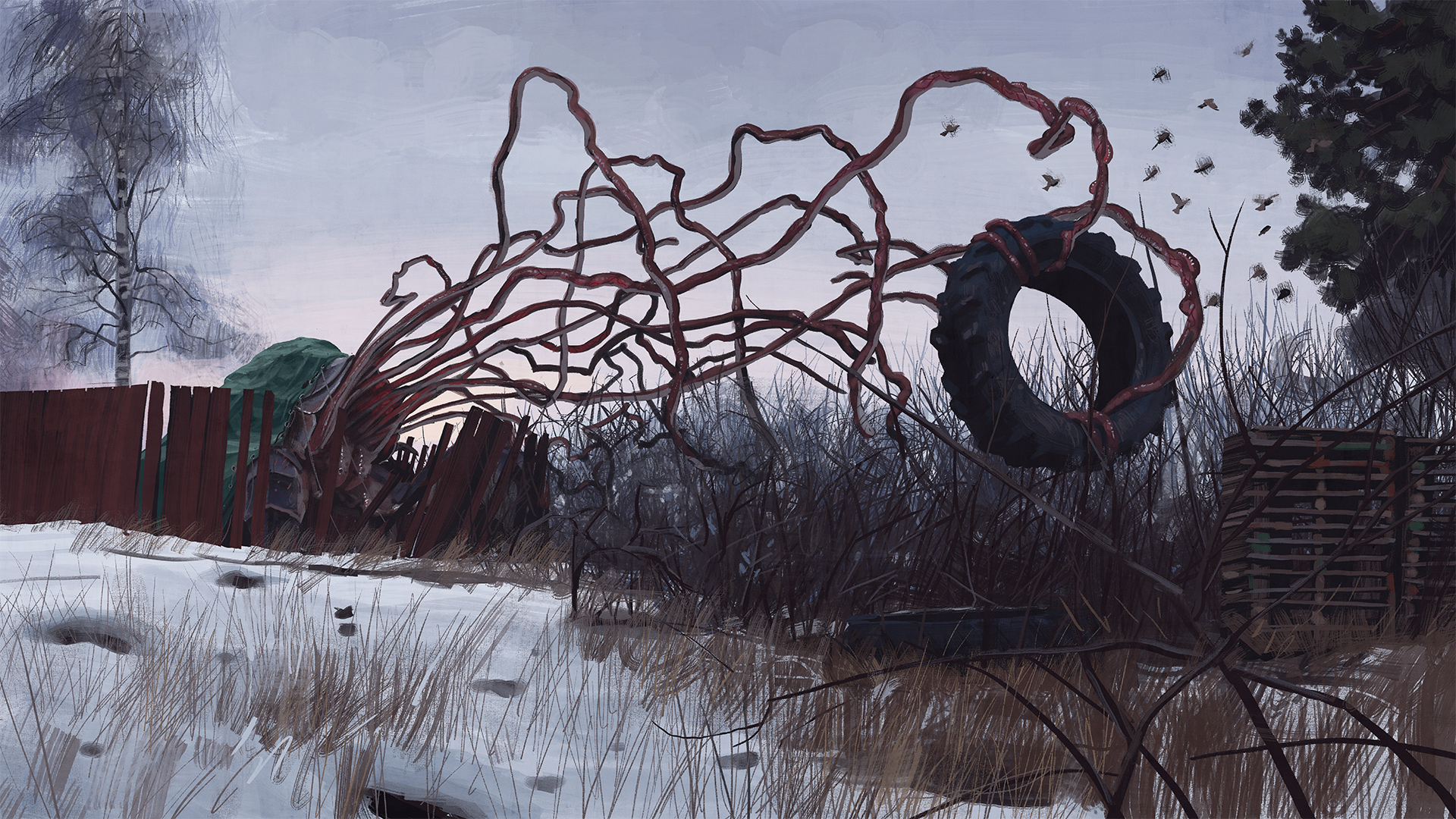 General 1920x1080 artwork Simon Stålenhag science fiction futuristic tires snow Tales From The Loop creature