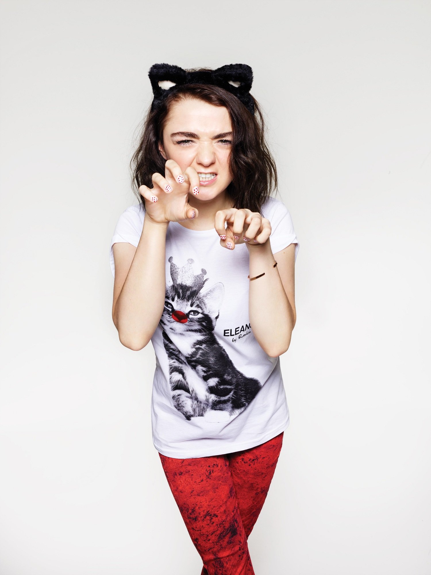 People 1500x2002 Maisie Williams women cat ears actress brunette shoulder length hair simple background painted nails