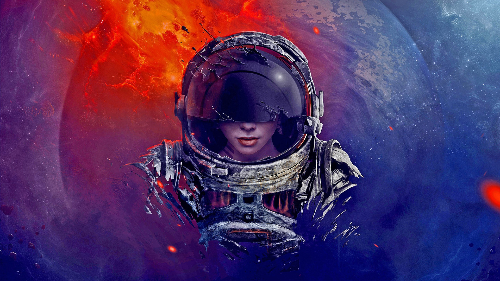 General 1920x1080 astronaut space planet digital art women blue universe