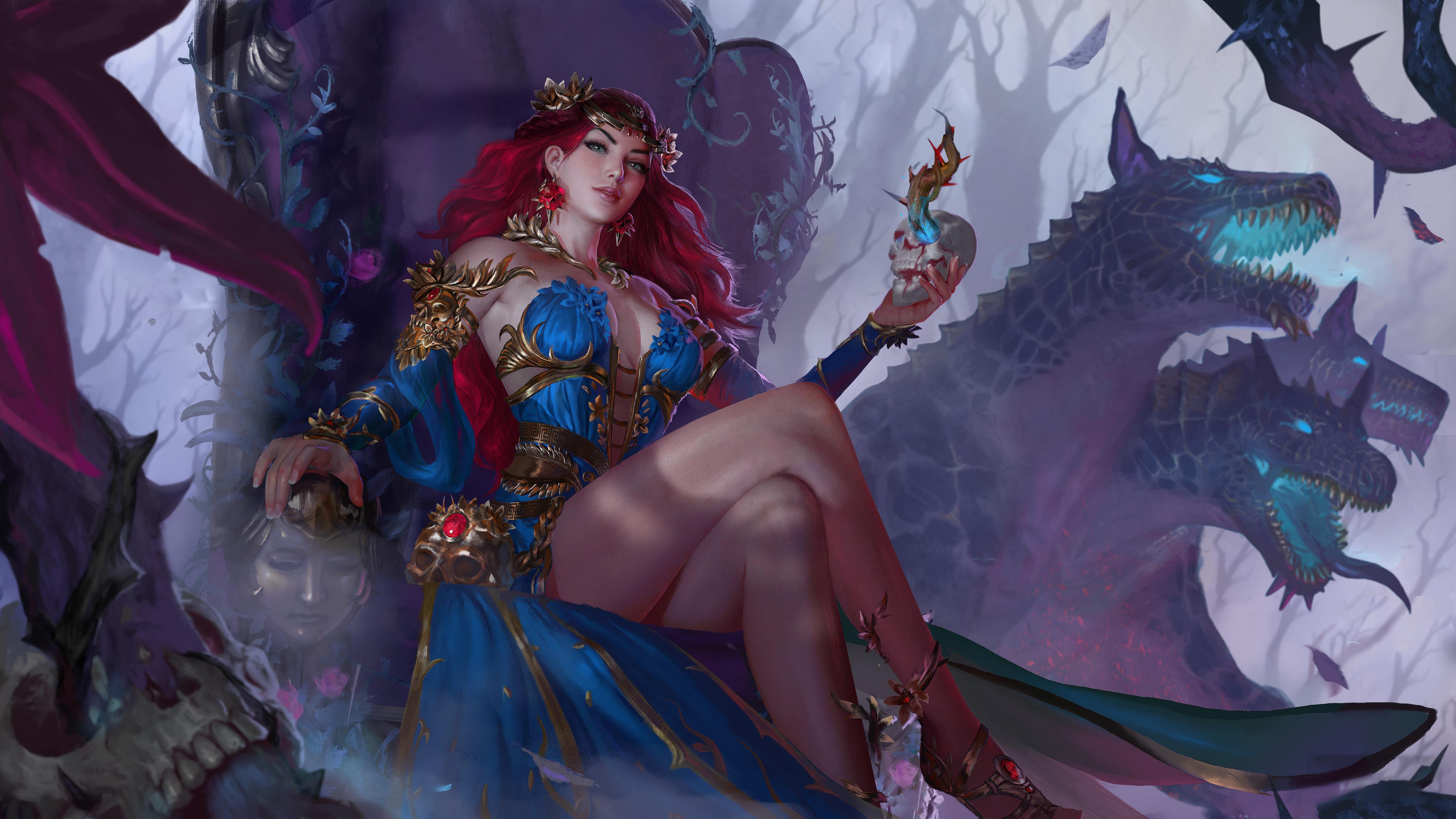 General 4266x2400 legs crossed fantasy girl fantasy art artwork redhead Persephone (Smite) Cerberus (Smite) low-angle