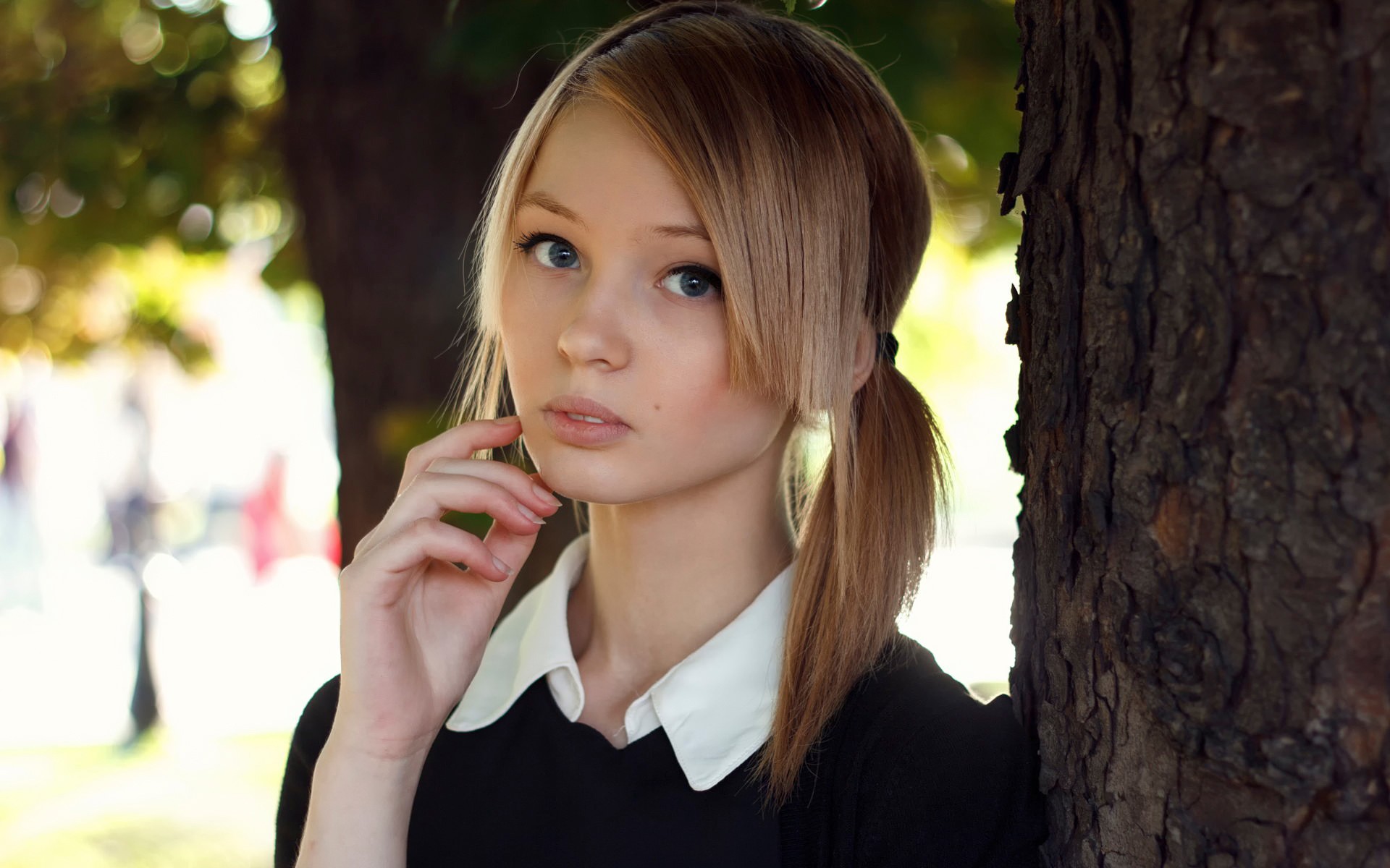 People 1920x1200 schoolgirl blonde blue eyes looking at viewer women twintails women outdoors touching face portrait