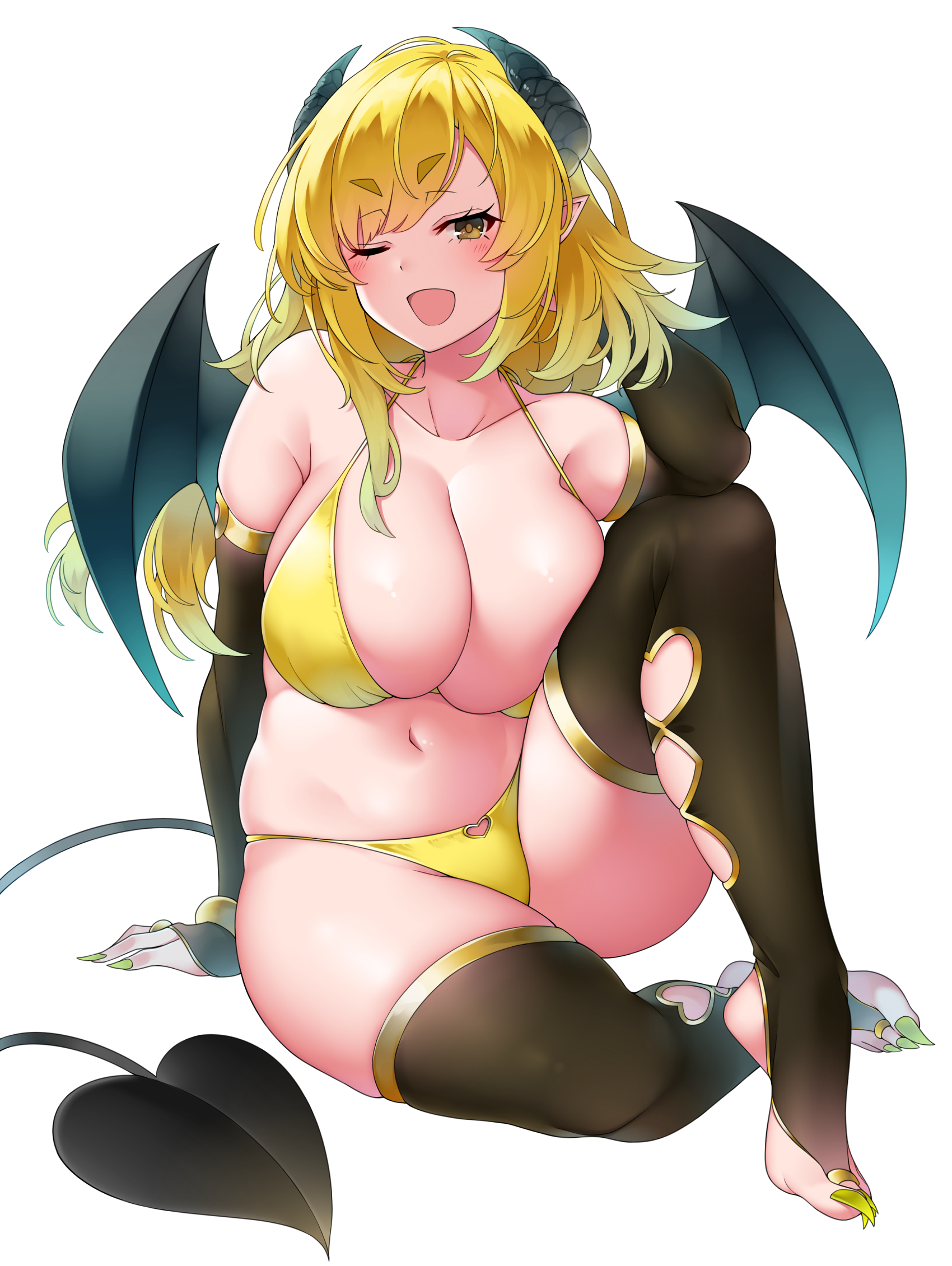 Anime 1700x2261 2D boobs anime girls succubus bikini cleavage horns wings blonde yellow eyes Suruga huge breasts