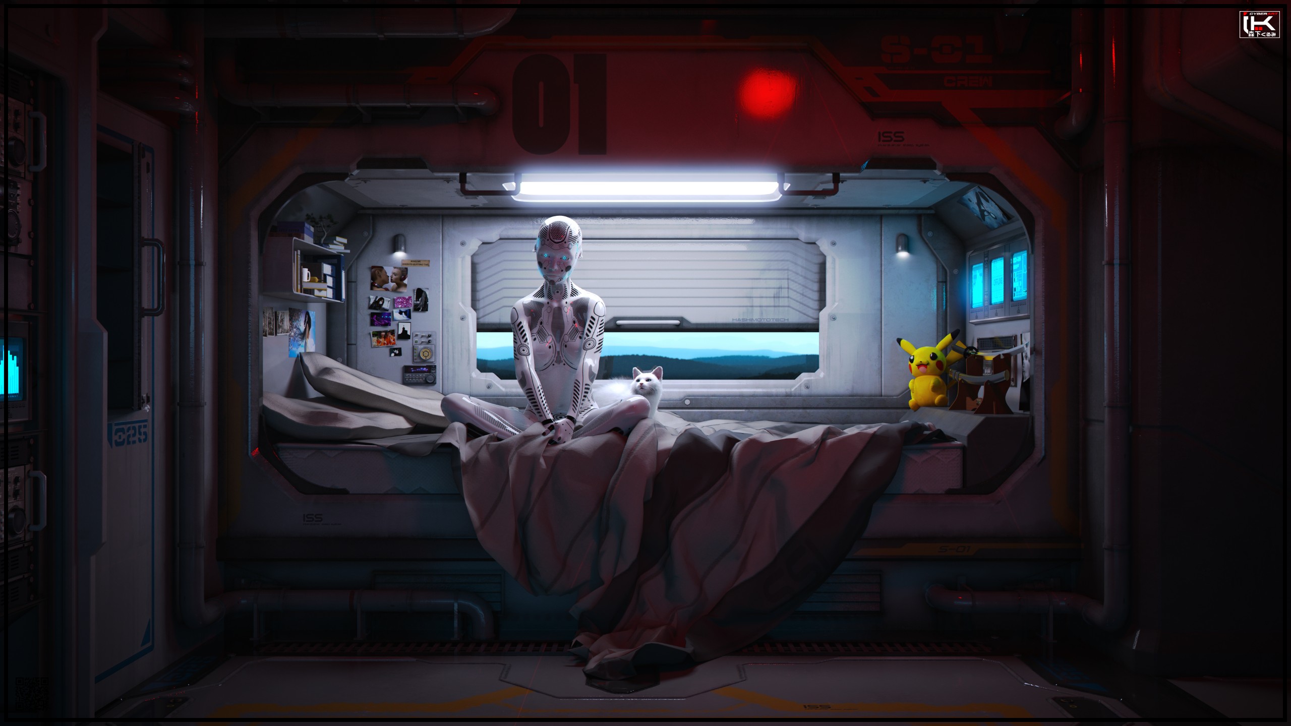 General 2560x1440 space station robot futuristic cyborg CGI science fiction cats machine blue eyes sitting digital art androids humanoid Pikachu window sill