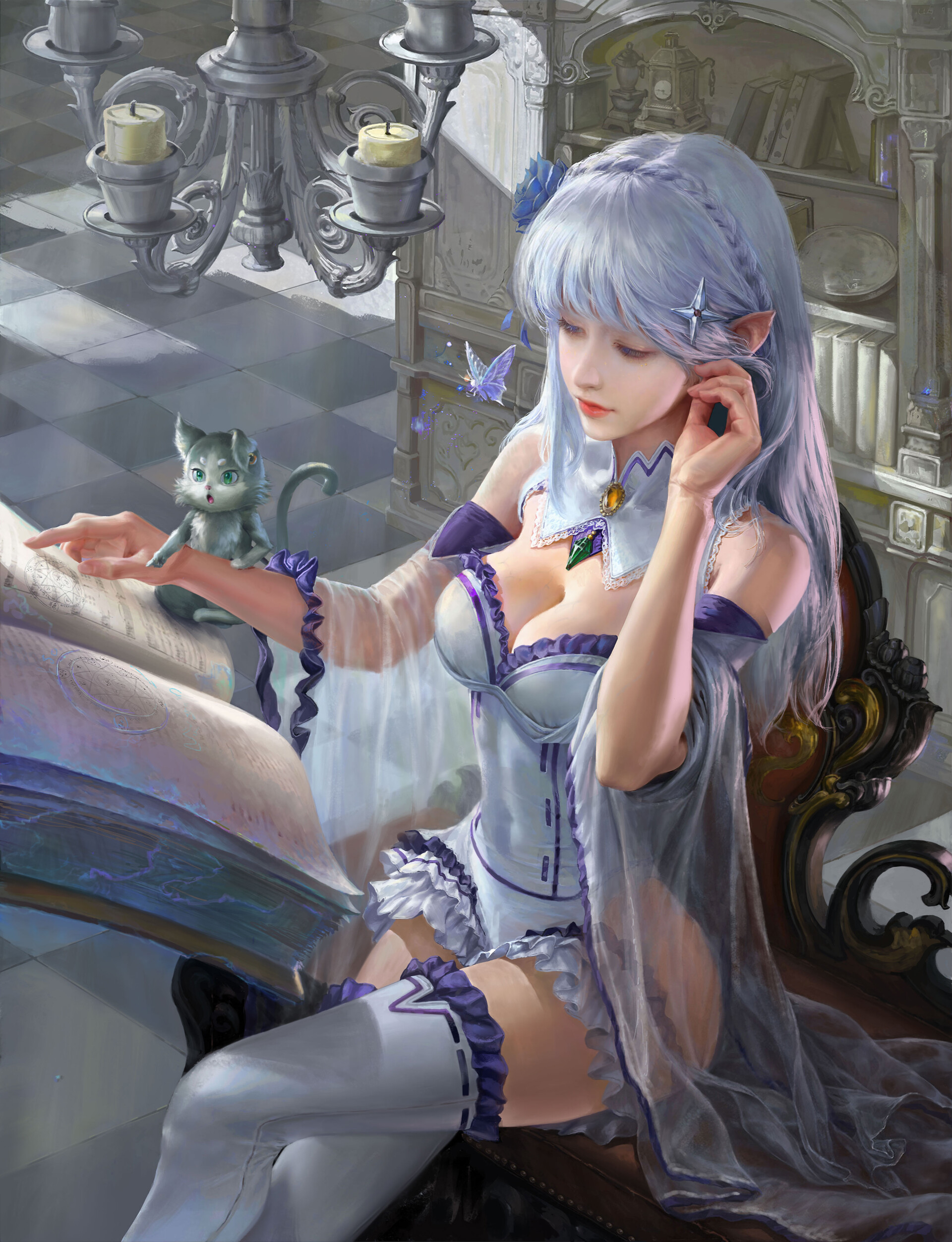 Anime 1920x2505 fantasy girl Asian fantasy art ArtStation stockings corset sitting pointy ears cleavage women Emilia (Re: Zero) Re:Zero Kara Hajimeru Isekai Seikatsu