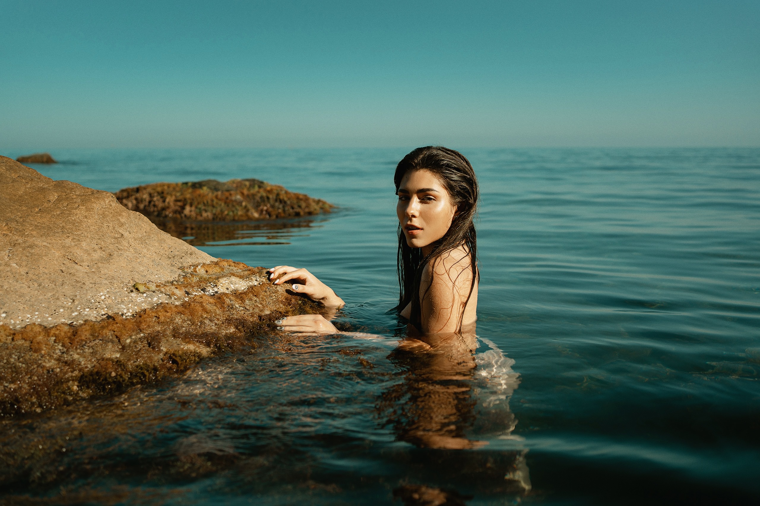 Women Women Outdoors Wet Hair Wet Body Sea Black Bikinis Water Rocks Sky 2560x1707