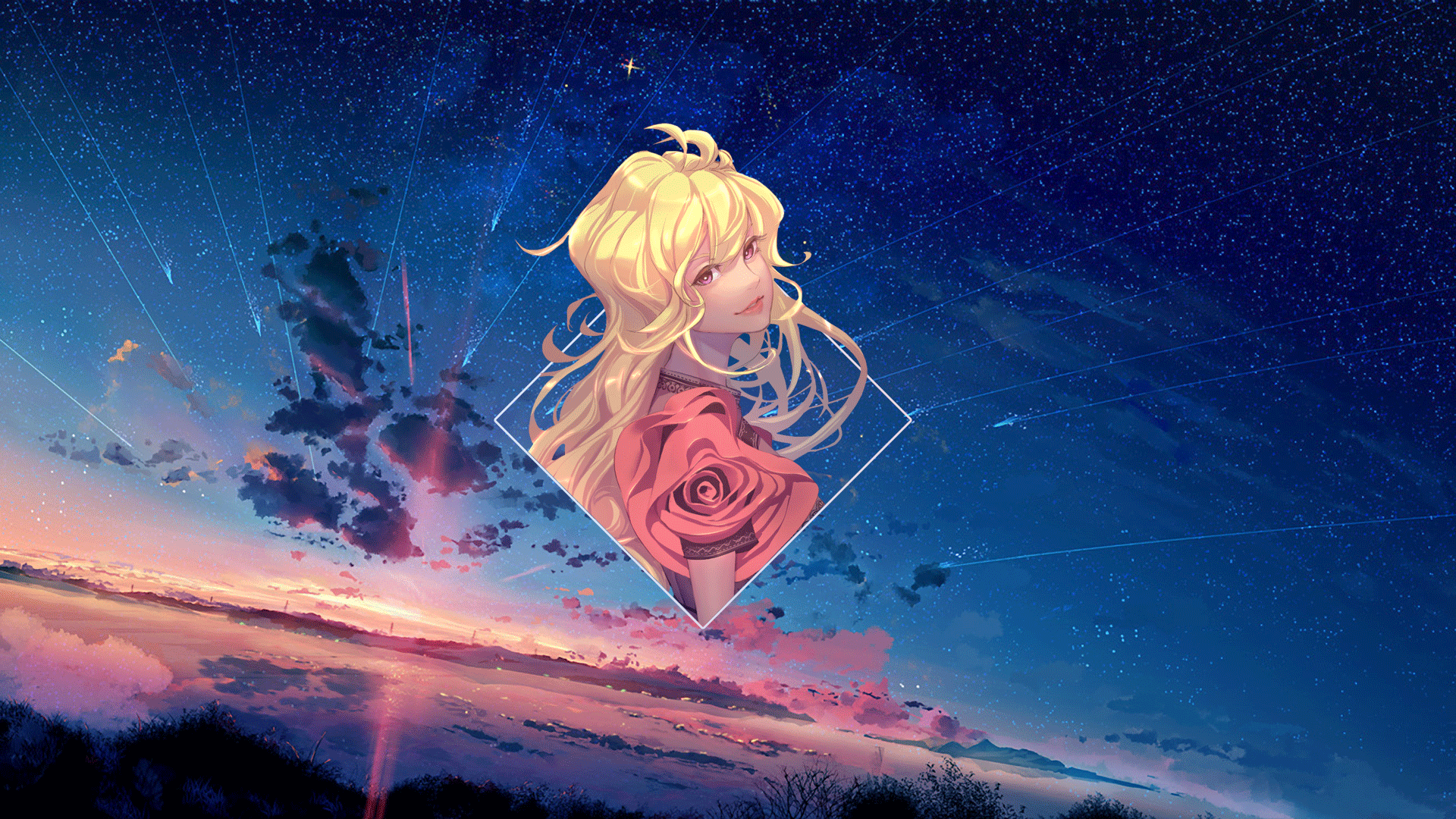 Anime 1920x1080 anime anime girls rose stars digital art picture-in-picture landscape sky