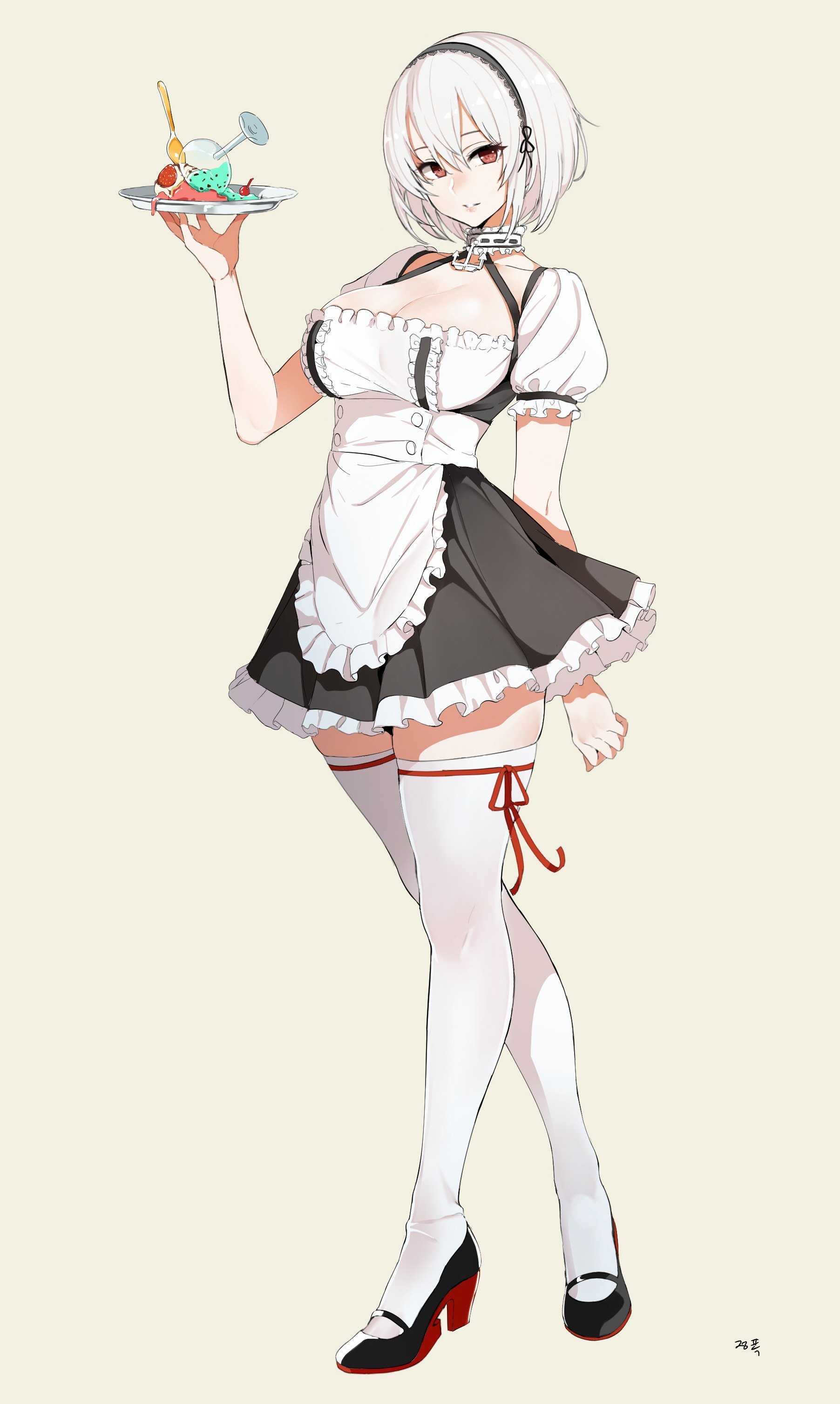 Anime 1804x3014 portrait display anime girls Azur Lane Sirius (Azur Lane) DickBomber maid outfit waitress white hair cleavage choker thigh-highs plates