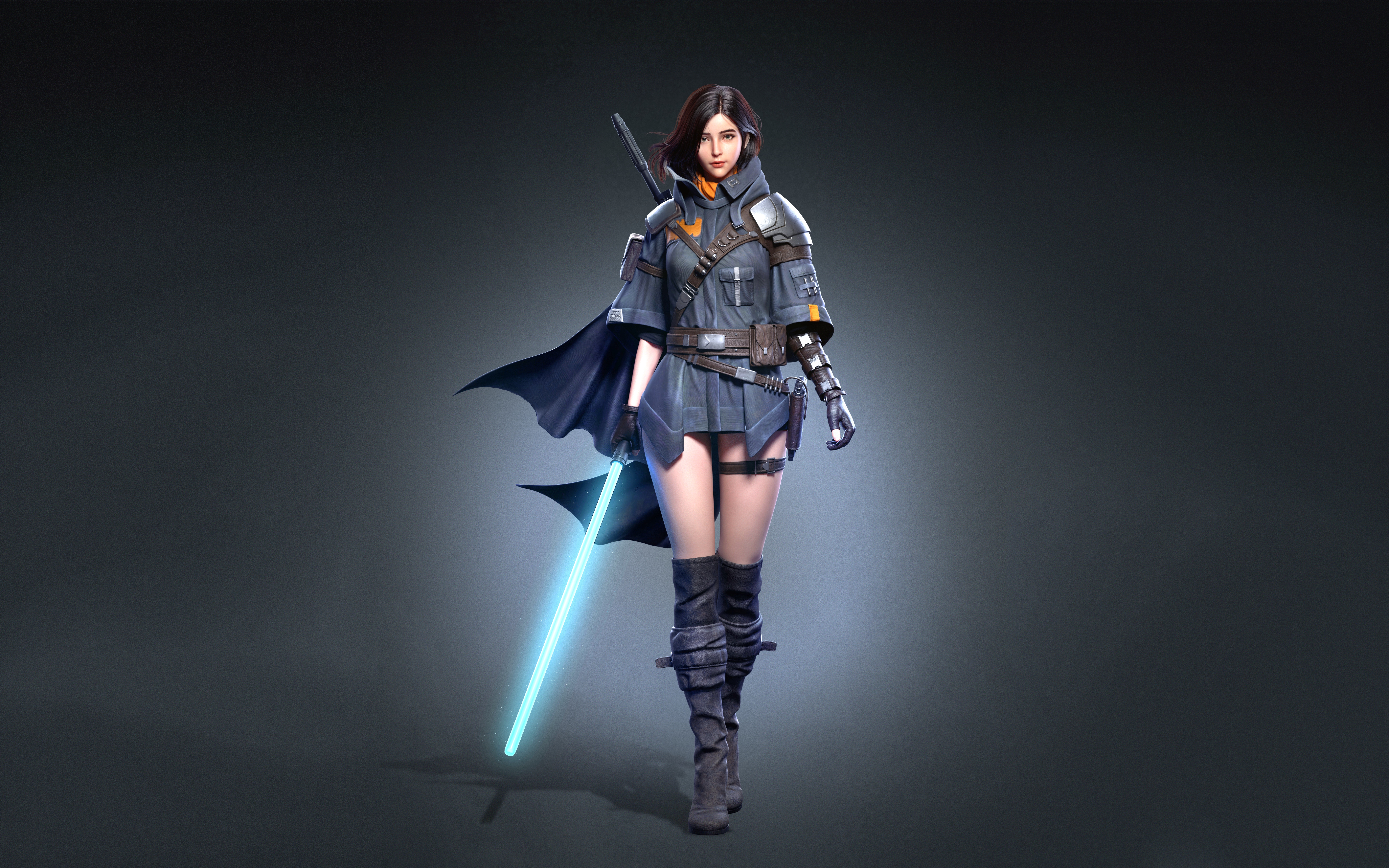 General 7006x4379 Cifangyi CGI Star Wars women Jedi brunette cape thigh strap boots lightsaber weapon walking simple background