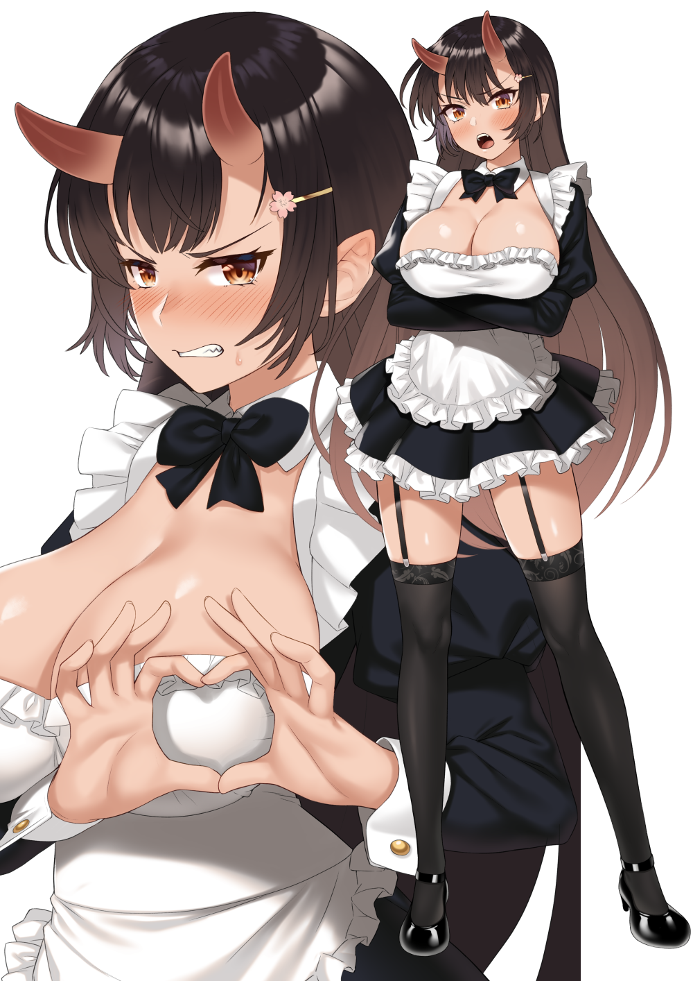 Anime 1000x1414 anime anime girls digital art artwork portrait display Takunomi maid outfit thigh-highs heart hands cleavage horns oni girl brunette brown eyes blushing boob heart fantasy girl stockings black stockings garter belt boobs simple background white background looking at viewer