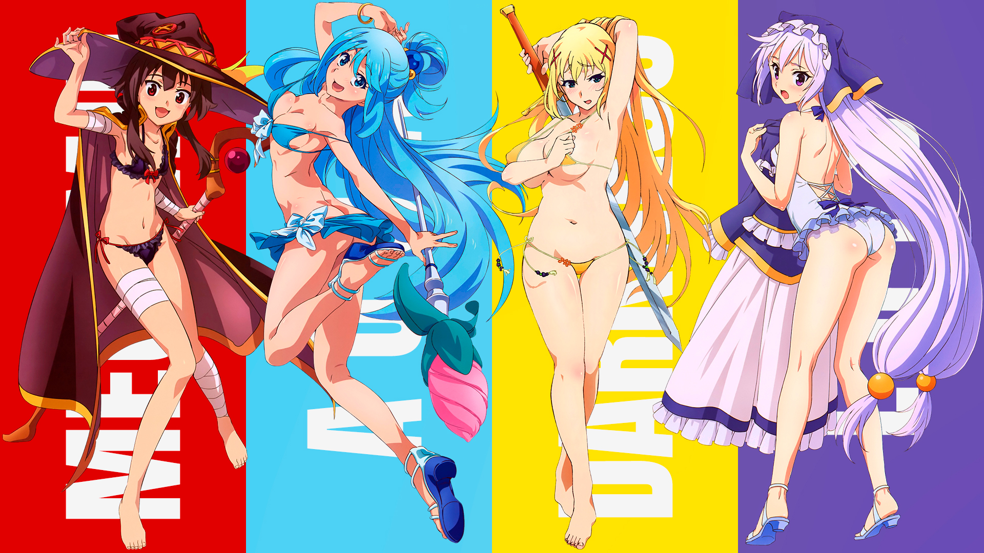 Anime 1920x1080 anime anime girls Kono Subarashii Sekai ni Shukufuku wo! Megumin (KonoSuba) Aqua (KonoSuba) Darkness (KonoSuba) Eris (KonoSuba) bikini cleavage ass holding boobs