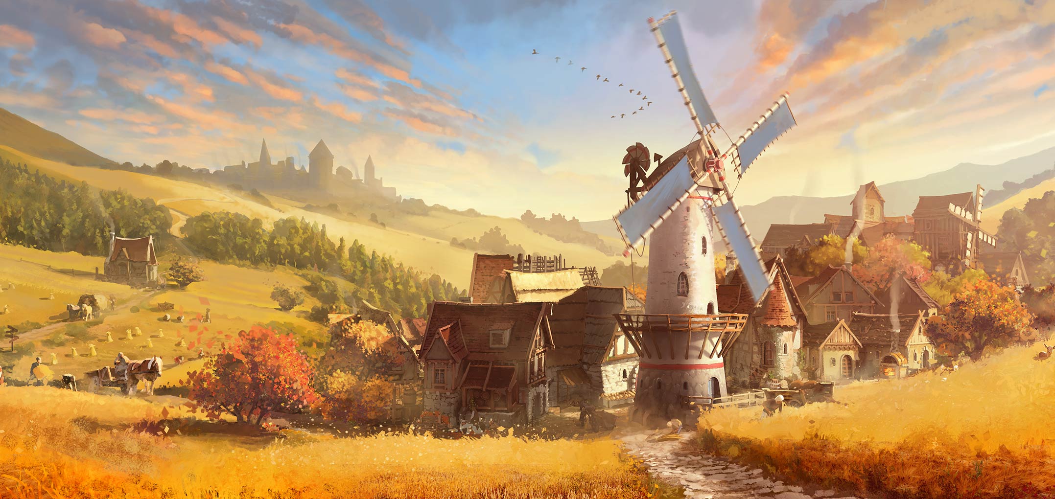 General 2155x1020 illustration video games Forge of Empires building video game art house windmill field landscape clouds dirt road trees idyllic