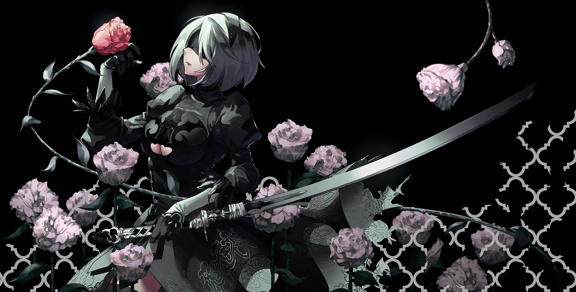 Anime 2000x1013 Nier: Automata 2B (Nier: Automata) anime girls flowers plants sword weapon anime fantasy girl