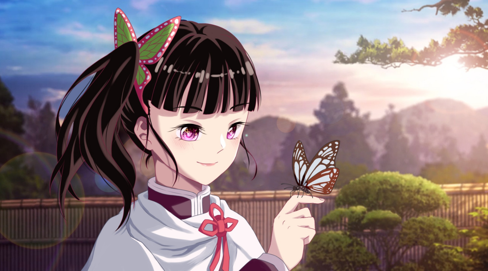 Anime 2000x1110 anime Kimetsu no Yaiba anime girls dark hair butterfly animals insect pink eyes sunlight