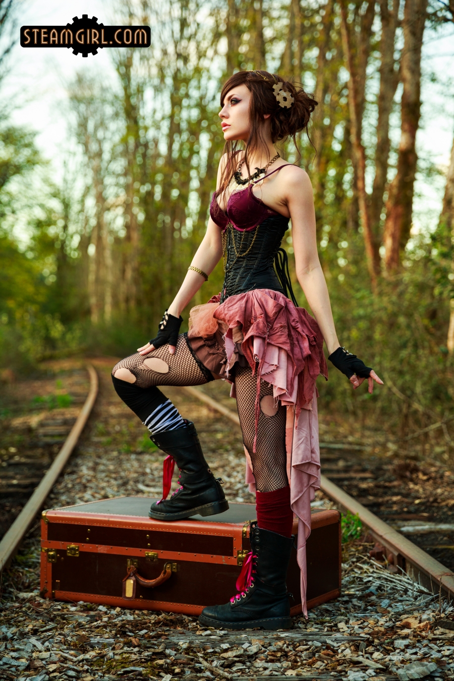 People 900x1350 women brunette hairbun hair accessories makeup looking away necklace steampunk corset black clothing skirt fishnet torn clothes knee high socks boots chests railway outdoors gloves Doc Martens steam girl A. Nomaly portrait display watermarked