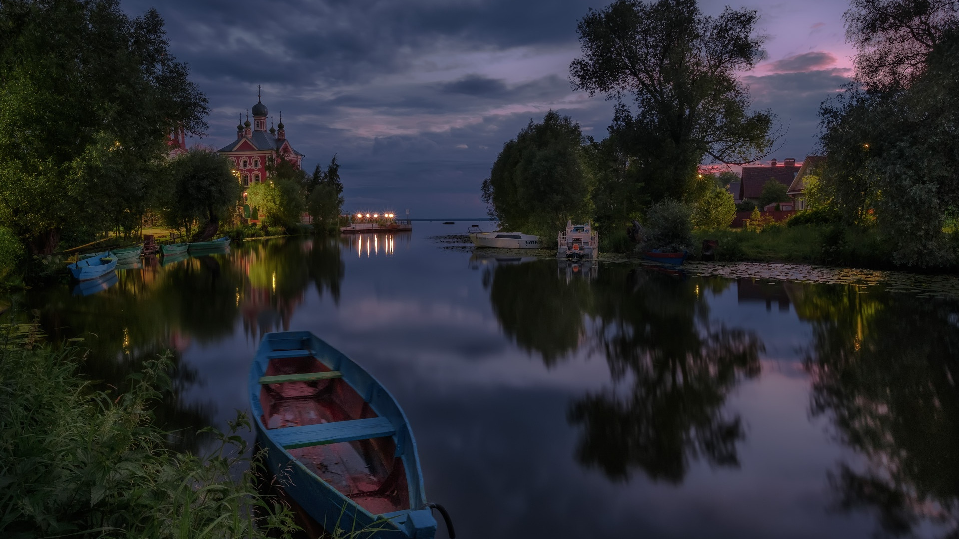 General 1920x1080 nature landscape building trees river water church boat evening reflection lights clouds house Russia sunset