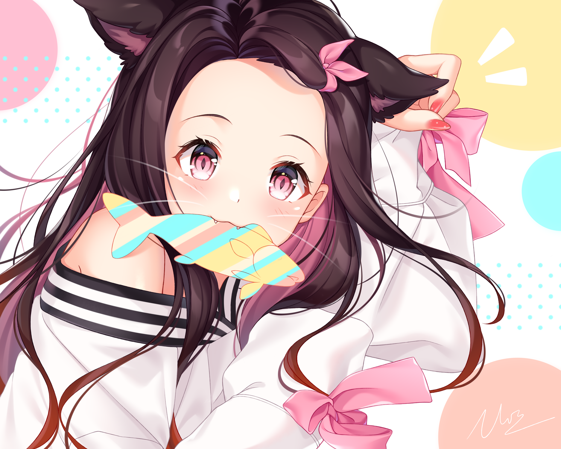 Anime 1875x1500 cat ears anime girls ribbon cat girl