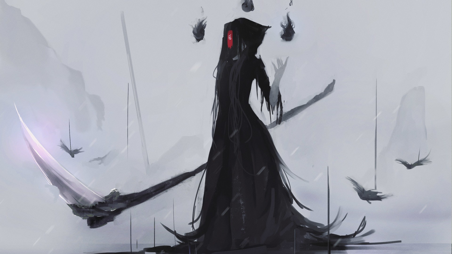 Anime 1920x1080 Aoi Ogata Grim Reaper scythe mask black dress anime anime girls