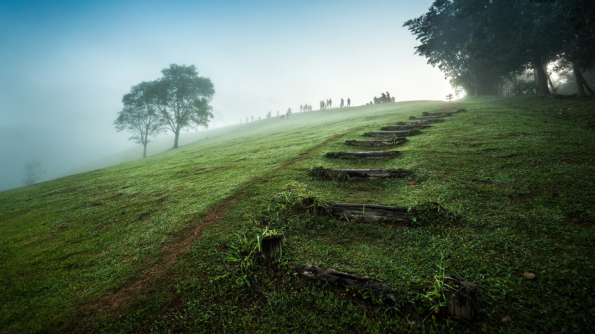 General 1920x1080 nature landscape grass sky mist stairs people national park Thailand hills