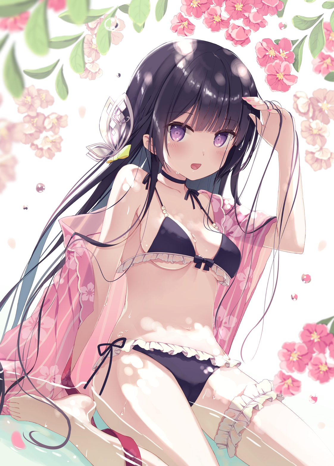 Anime 1122x1565 anime anime girls digital art artwork 2D portrait display Humuyun bikini kneeling dark hair purple eyes water flowers