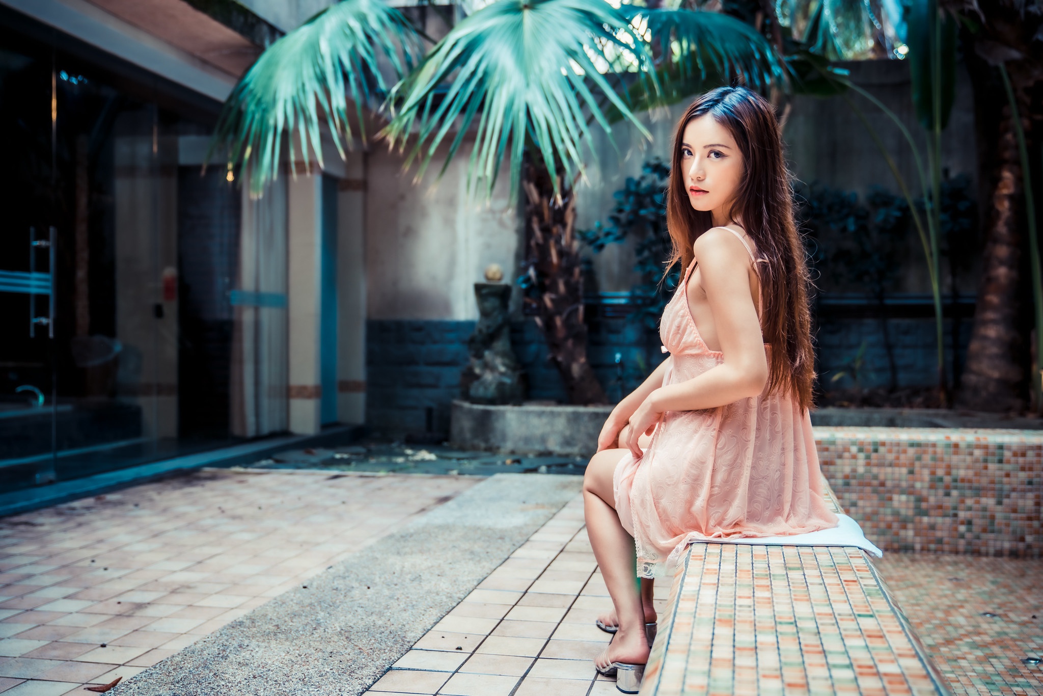 People 2048x1366 Asian model women long hair brunette sitting dress palm trees barefoot sandal