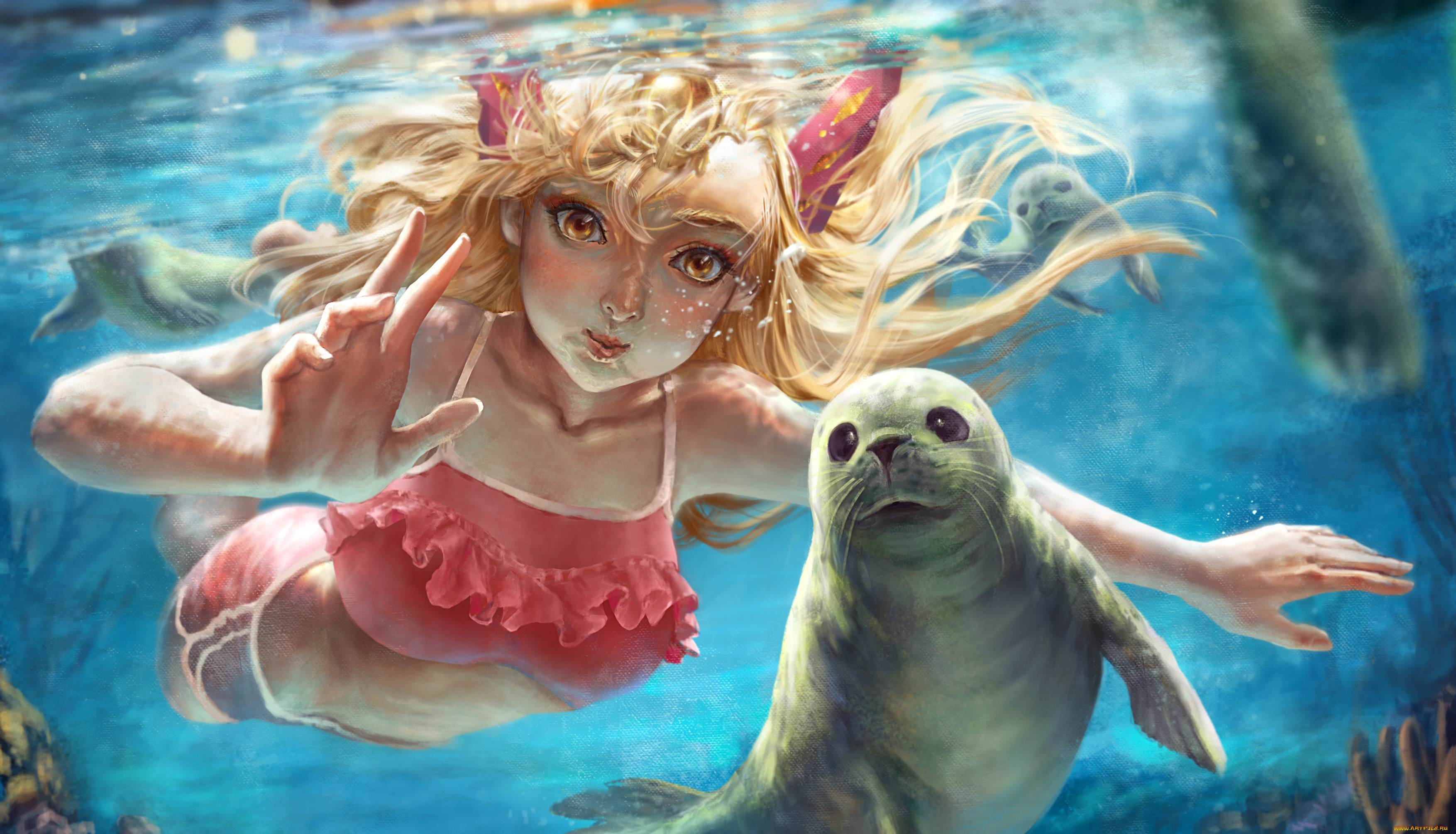 Anime 3508x2009 anime anime girls underwater blonde animals