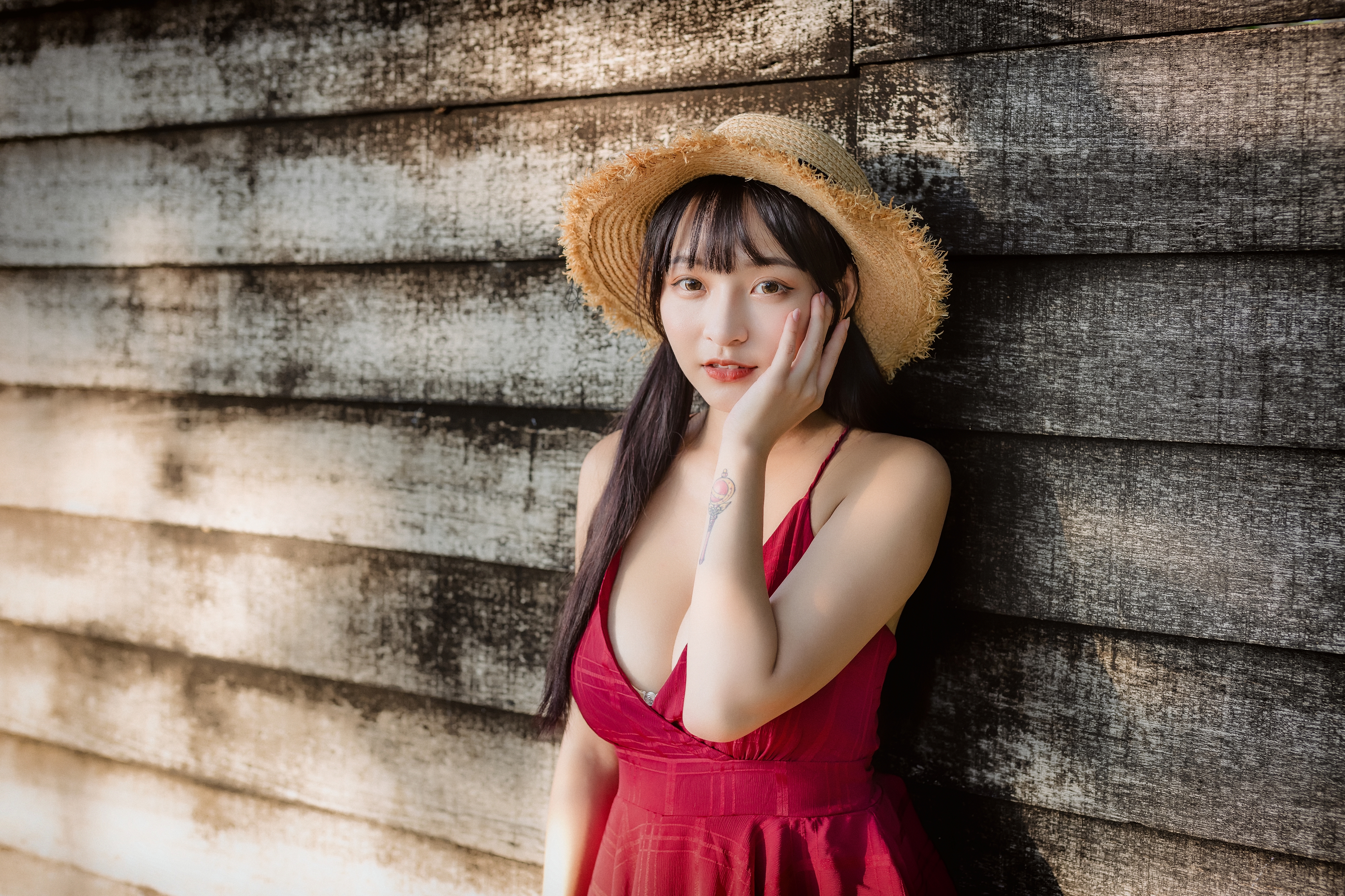 People 3840x2560 women model brunette bangs Asian straw hat women with hats looking at viewer touching face parted lips cleavage dress portrait outdoors women outdoors tattoo twintails