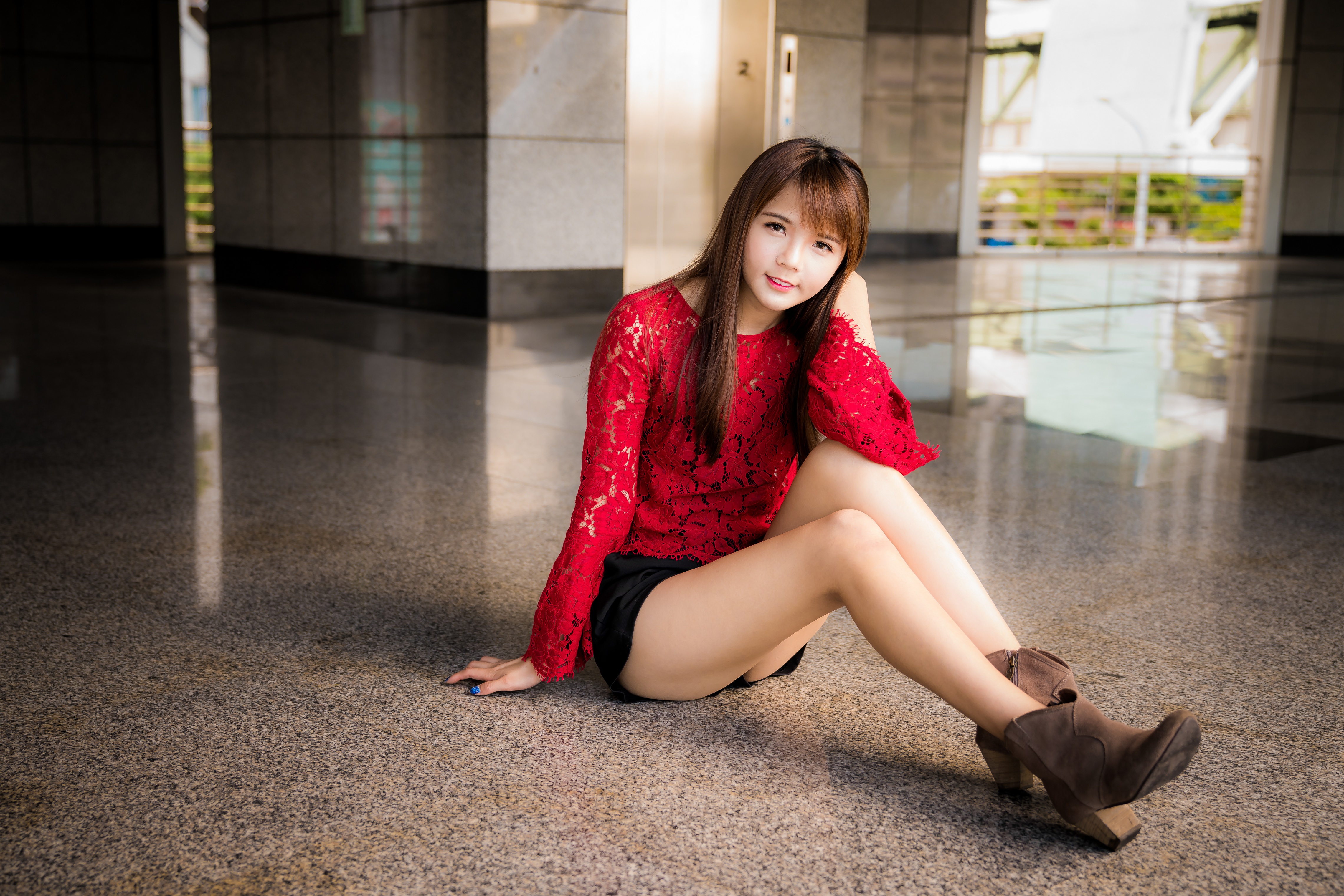 People 4562x3043 Asian women model long hair brunette sitting shorts red shirt indoors granite floor