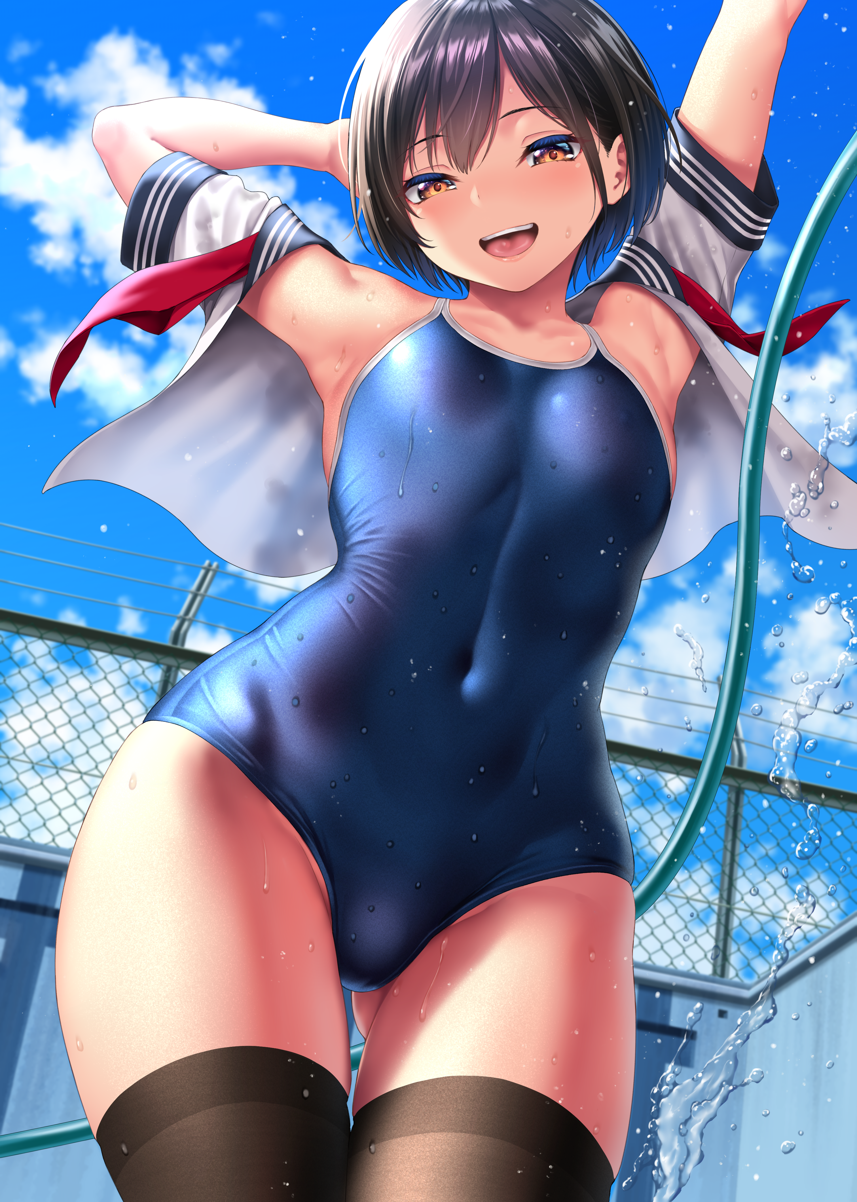 Anime 2976x4175 anime anime girls school uniform thigh-highs swimwear wet Kase Daiki original characters sailor uniform school swimsuits arms up armpits