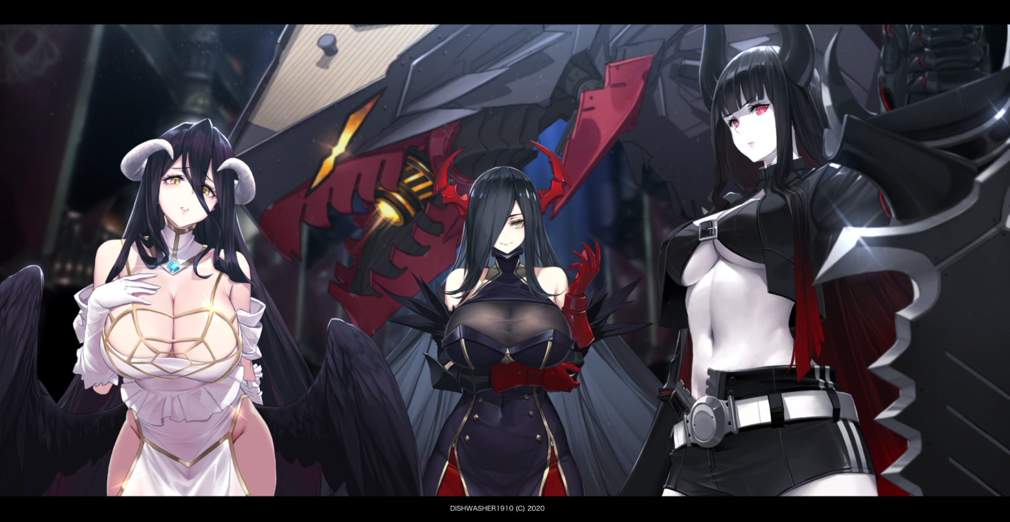 Anime 2070x1070 anime anime girls Dishwasher1910 cleavage Azur Lane horns Overlord (anime) Black Rock Shooter crossover Albedo (OverLord) Friedrich der Grosse Black Gold Saw huge breasts