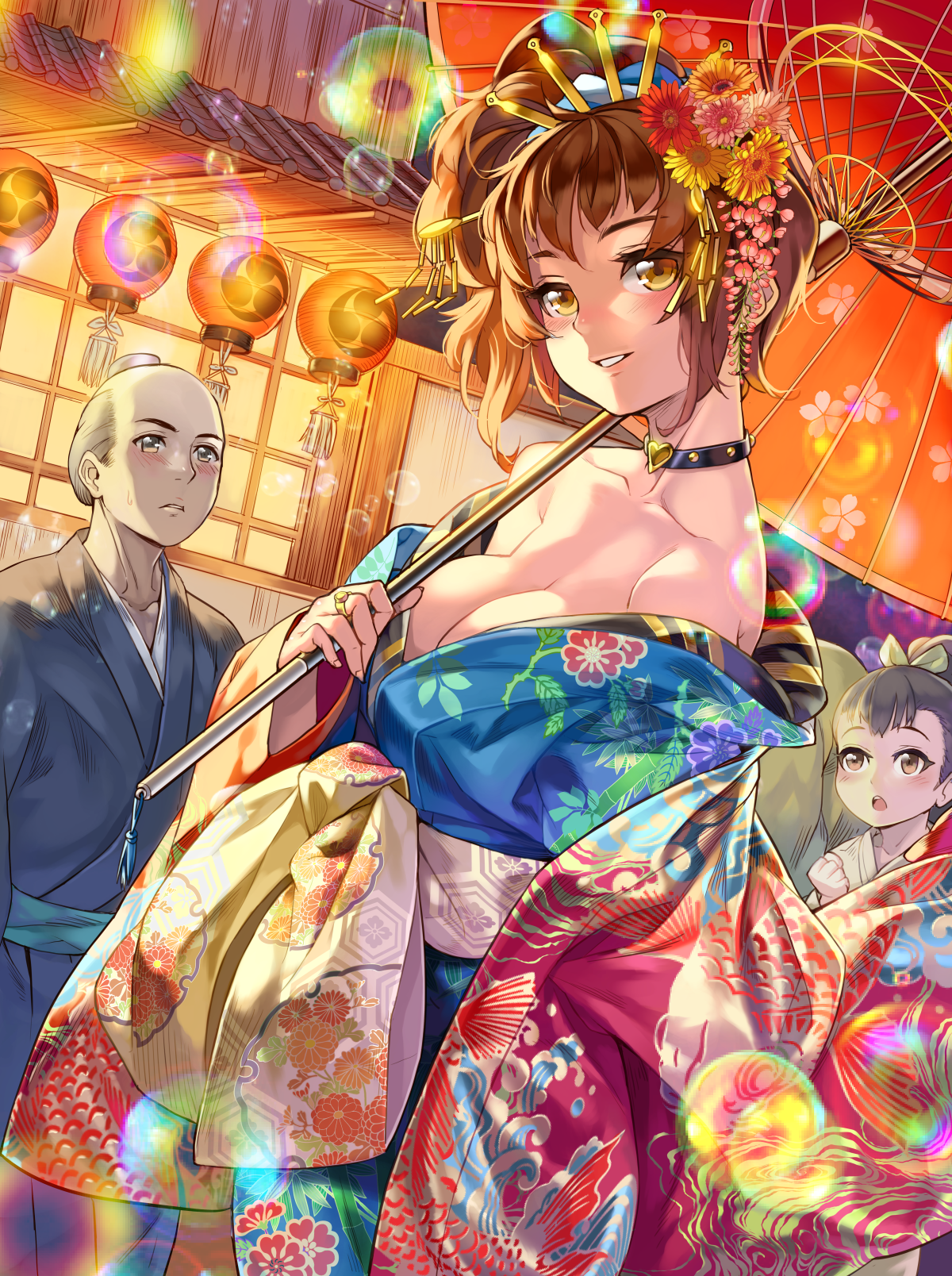 Anime 1200x1608 Xil big boobs kimono cleavage umbrella anime