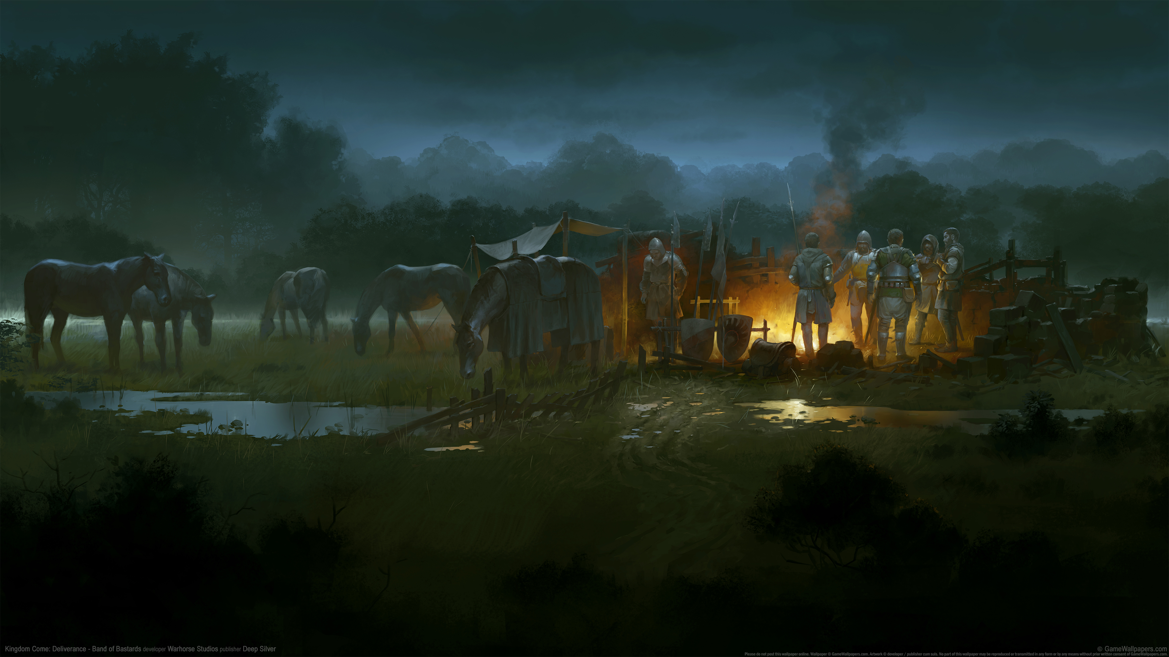 General 3840x2160 medieval fantasy art outdoors men outdoors horse campfire digital art watermarked