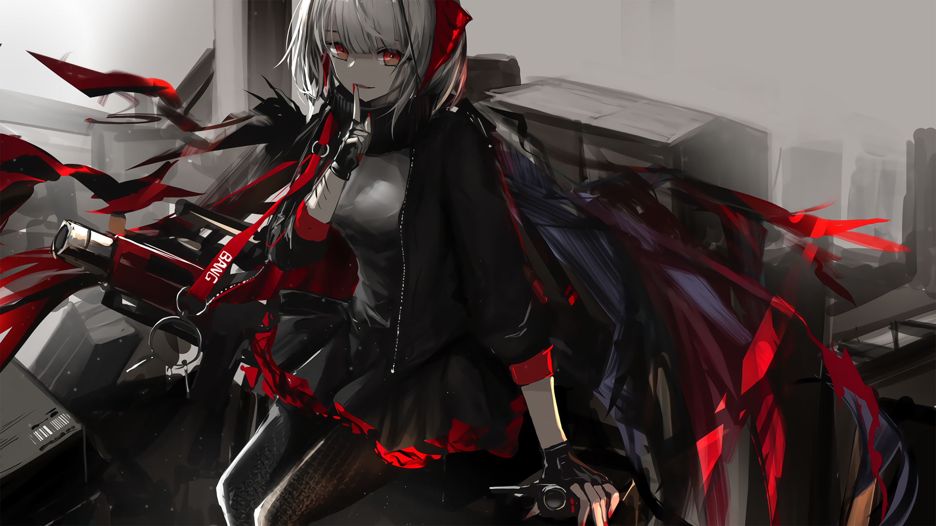 Anime 1920x1080 short hair gray hair dress gloves weapon red eyes Arknights W (Arknights) ɴᴀʀᴜᴇ cropped
