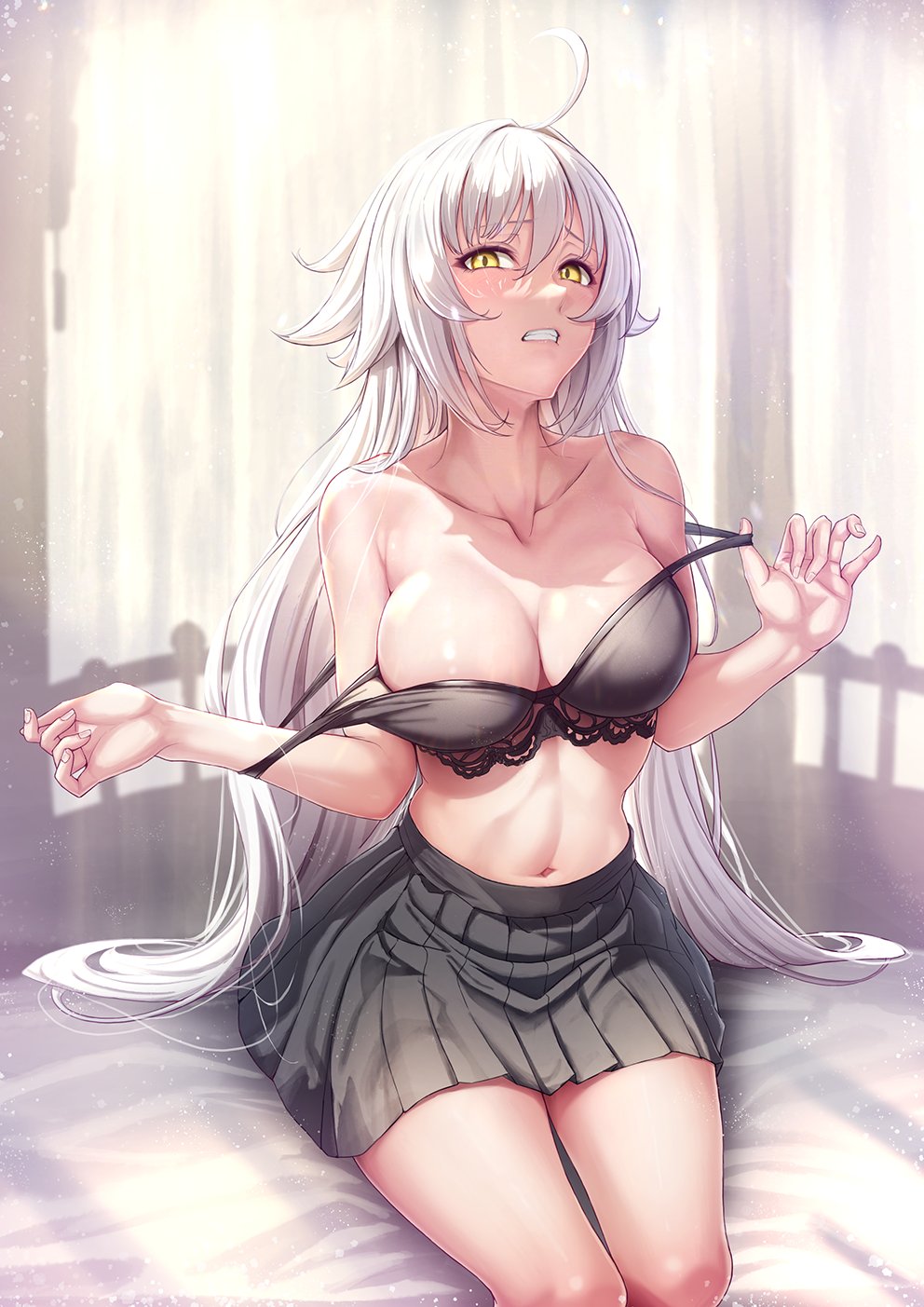 Anime 992x1403 Fate/Grand Order Jeanne (Alter) (Fate/Grand Order) anime Fate series anime girls SOLar Jeanne d'Arc (Fate) long hair silver hair yellow eyes blushing undressing removing bra cleavage belly
