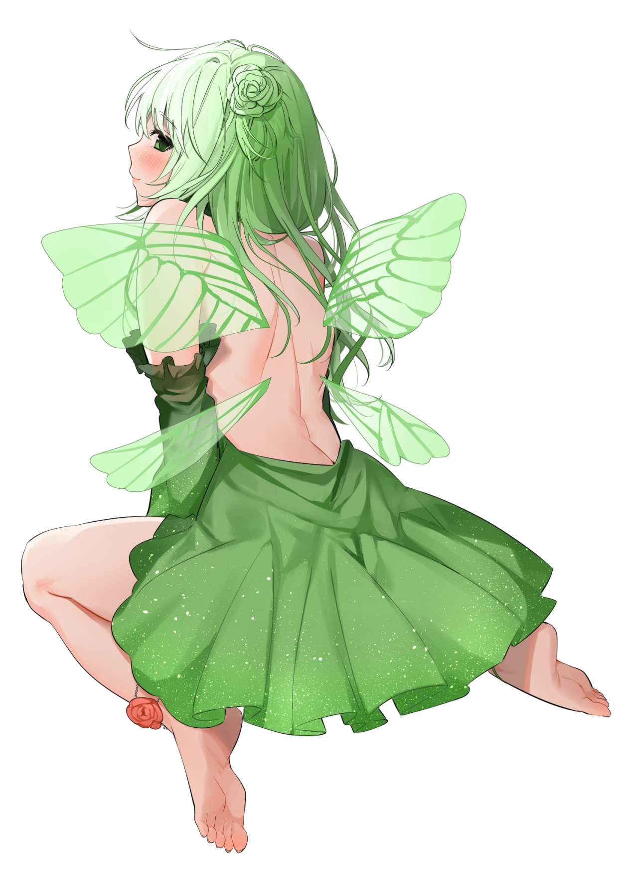 Anime 1240x1748 anime anime girls digital art artwork 2D portrait display fairies green hair green eyes dress bareback barefoot feet kneeling wings Virtual Youtuber