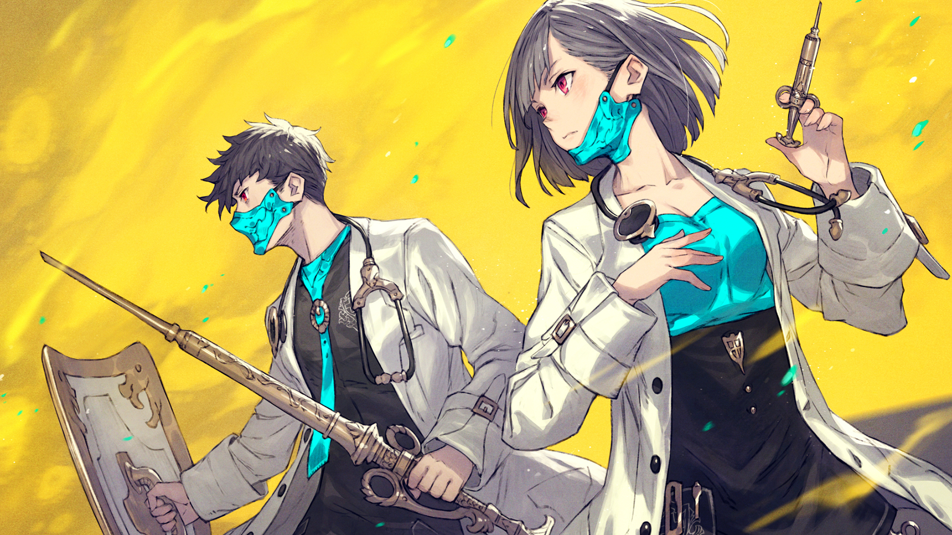 Anime 1920x1080 mask shield short hair doctors anime yellow background yellow syringe lab coats red eyes gray hair
