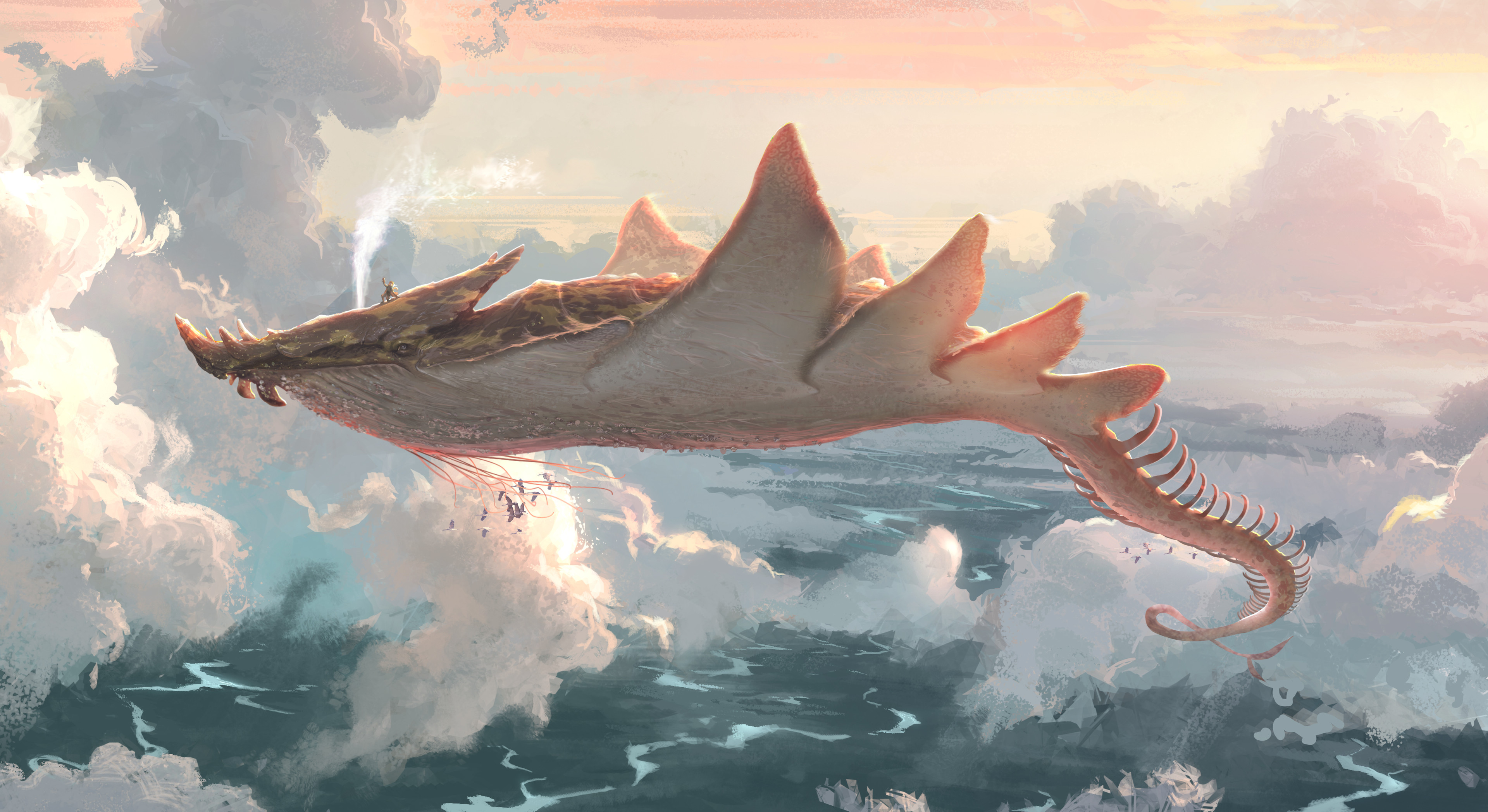 General 3840x2097 Jim Moore digital art fantasy art river clouds birds flying whale