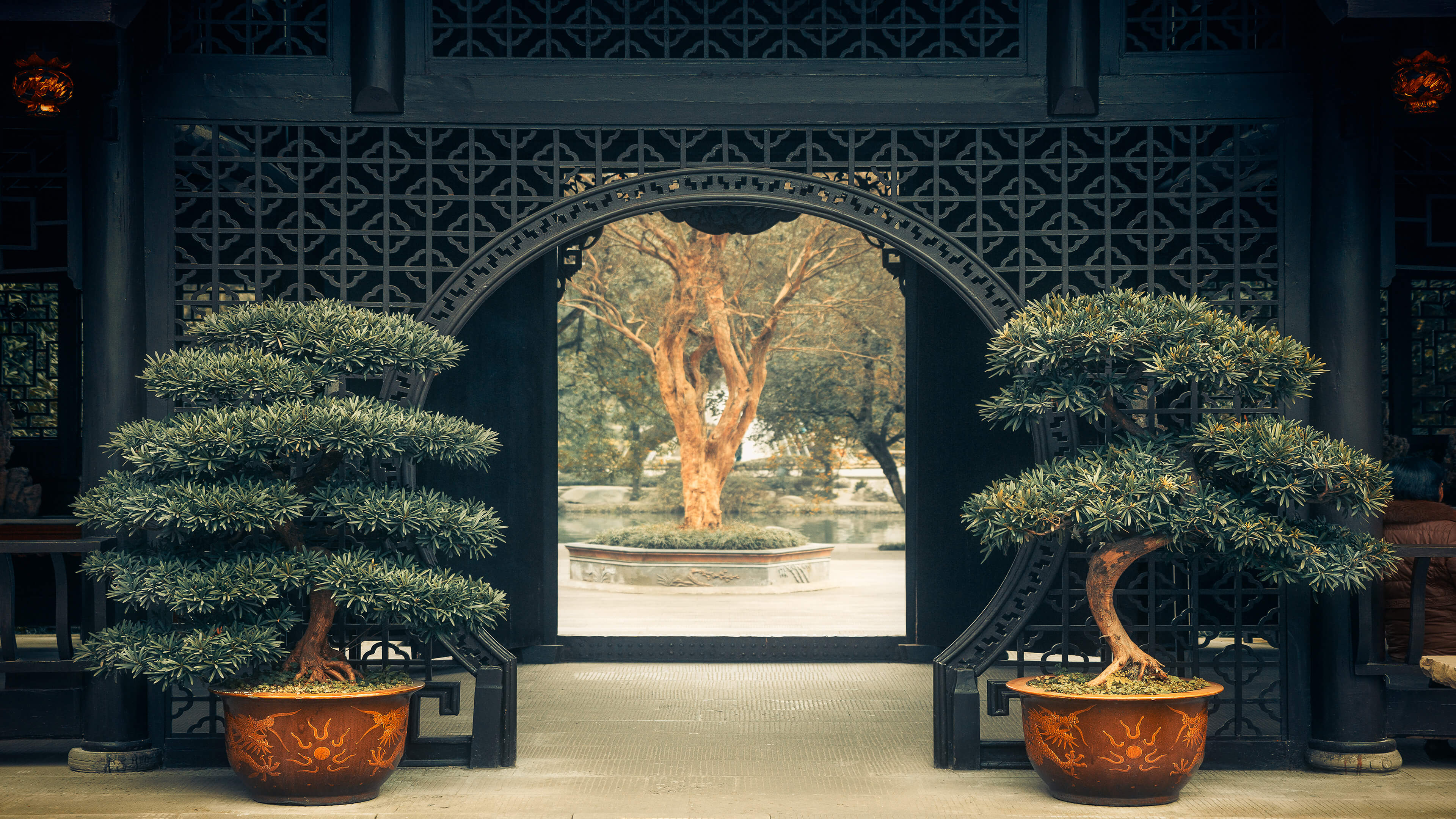General 3840x2160 China plants trees bonsai Asian architecture symmetry peaceful doorways nature architecture arch green geometric figures pattern
