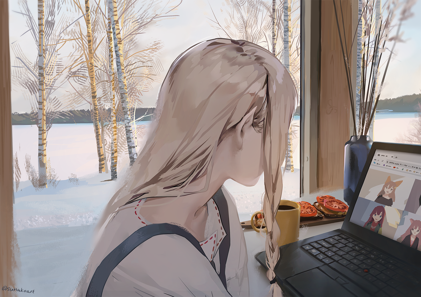 Anime 1368x967 computer drink long hair blonde pointy ears