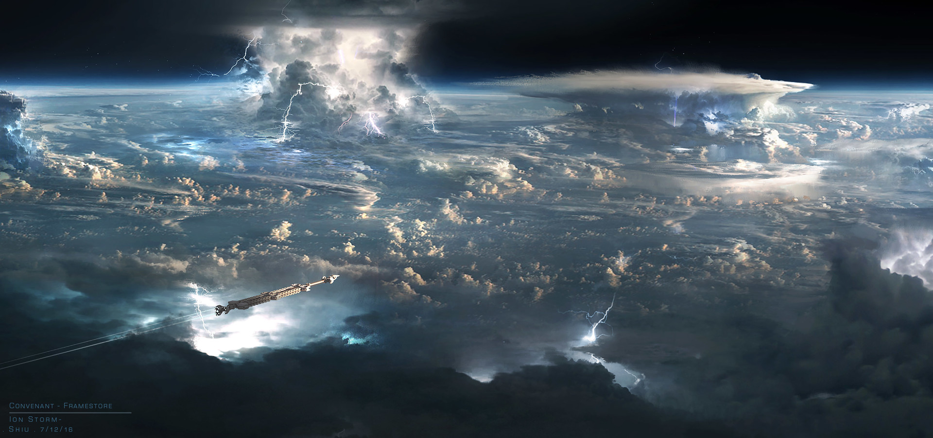 General 1920x901 digital art fantasy art spaceship storm lightning space fan art