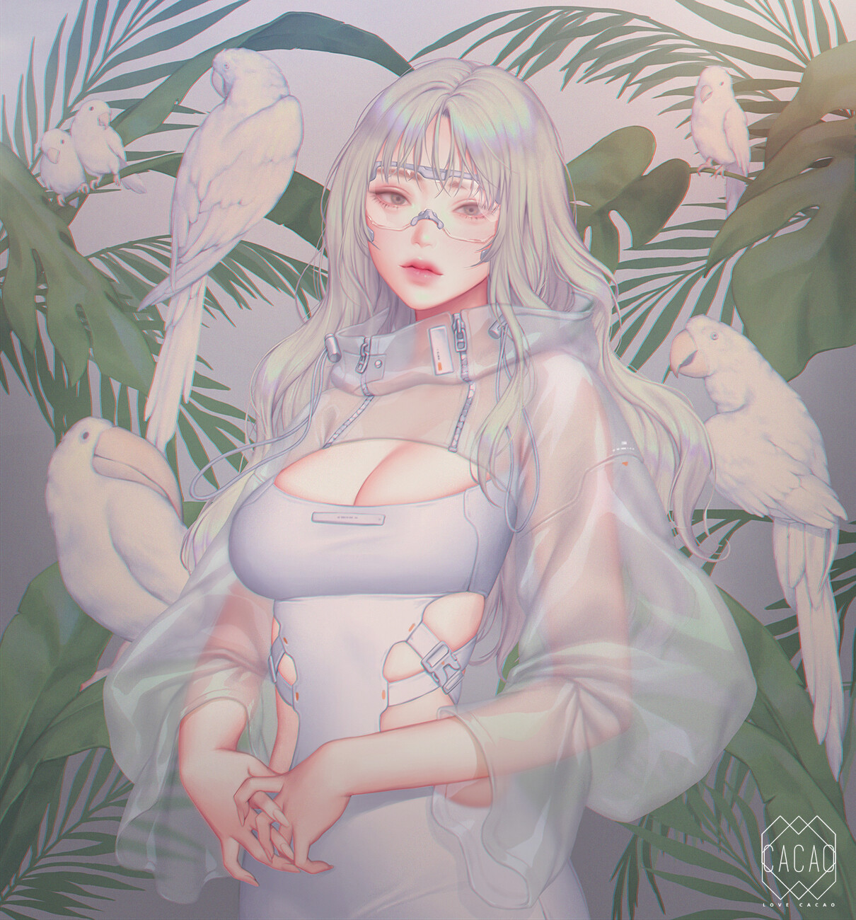 Anime 1210x1300 Lovecacao drawing women silver hair long hair wavy hair glasses dress white clothing leaves birds parrot