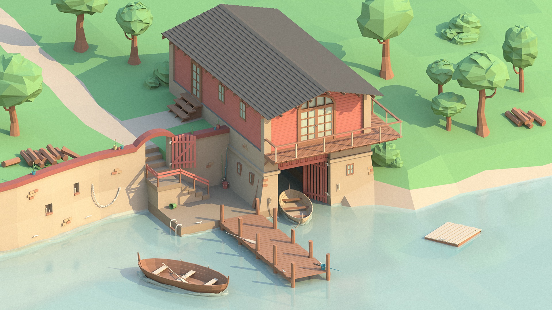 General 1920x1080 low poly house water boat digital art