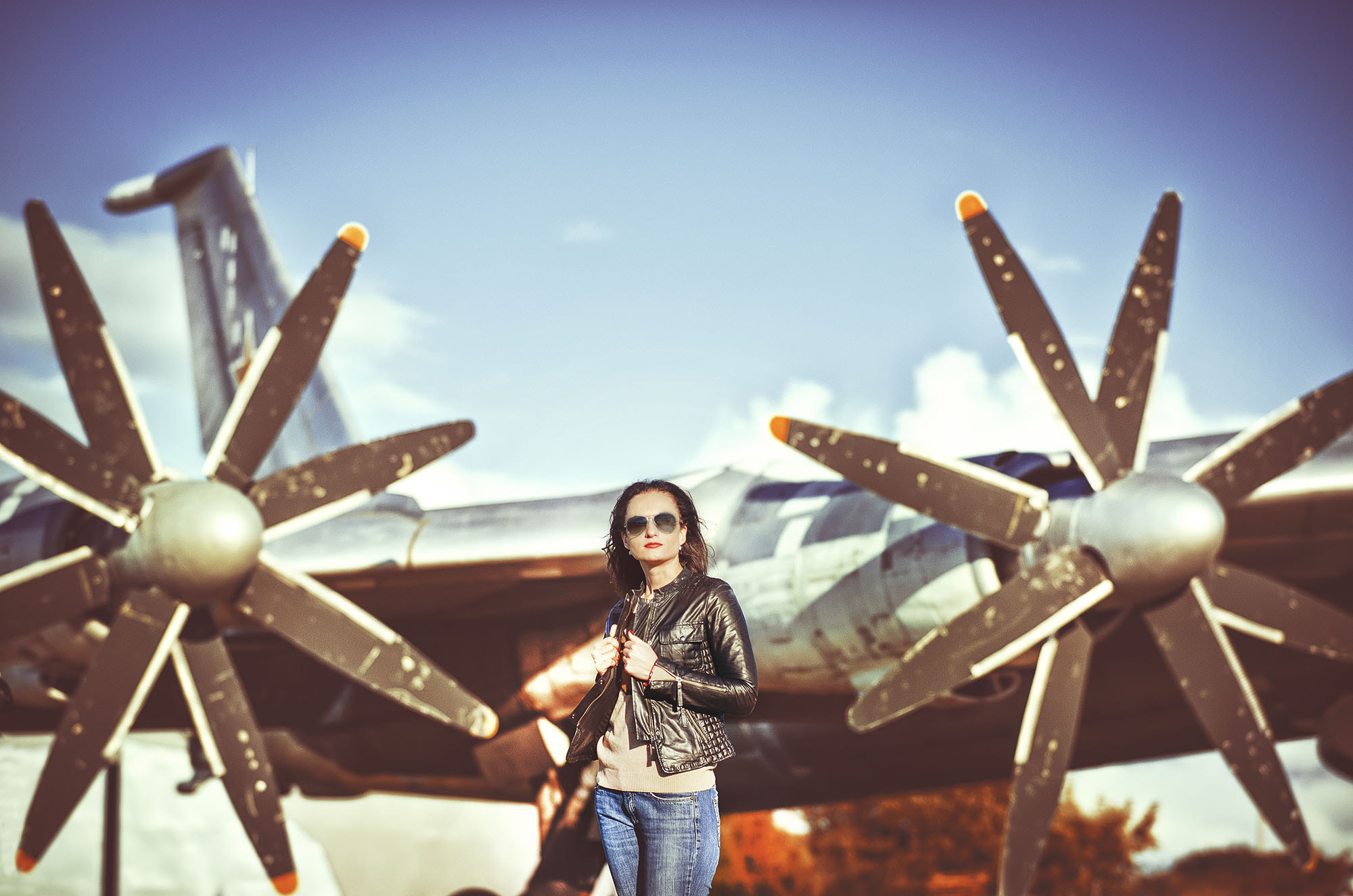 People 2000x1325 women model women with shades aircraft vehicle women outdoors Tupolev Tu-95 women with planes sunglasses military vehicle military aircraft leather jacket red lipstick brunette propeller