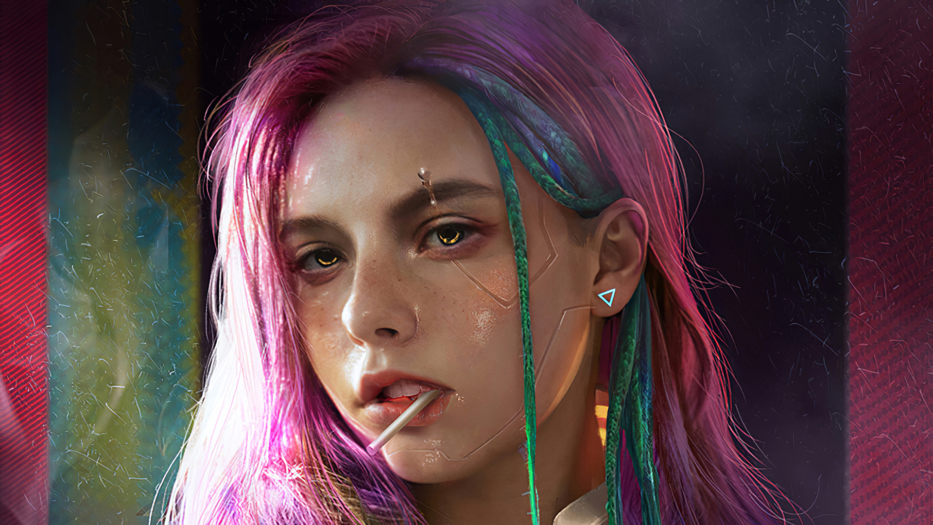 General 1920x1080 artwork cyberpunk Cyberpunk 2077 pink hair science fiction face women