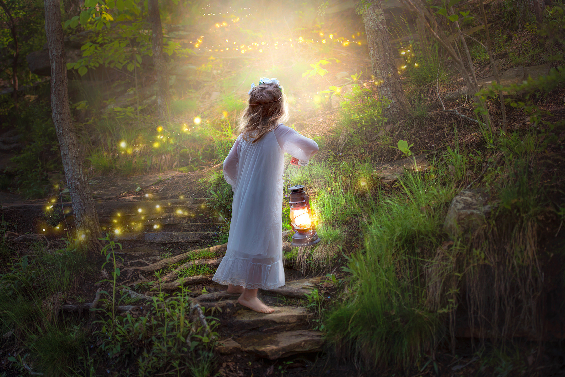 General 1800x1201 Jessica Drossin children blonde wind dress white clothing barefoot magic lantern forest bright